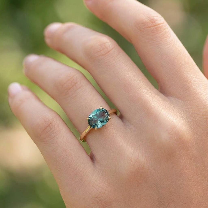 2.0 CT East West Oval Cut Alexandrite Engagement Ring, Yellow Gold Vermeil Ring, Dainty Travel Engagement Ring