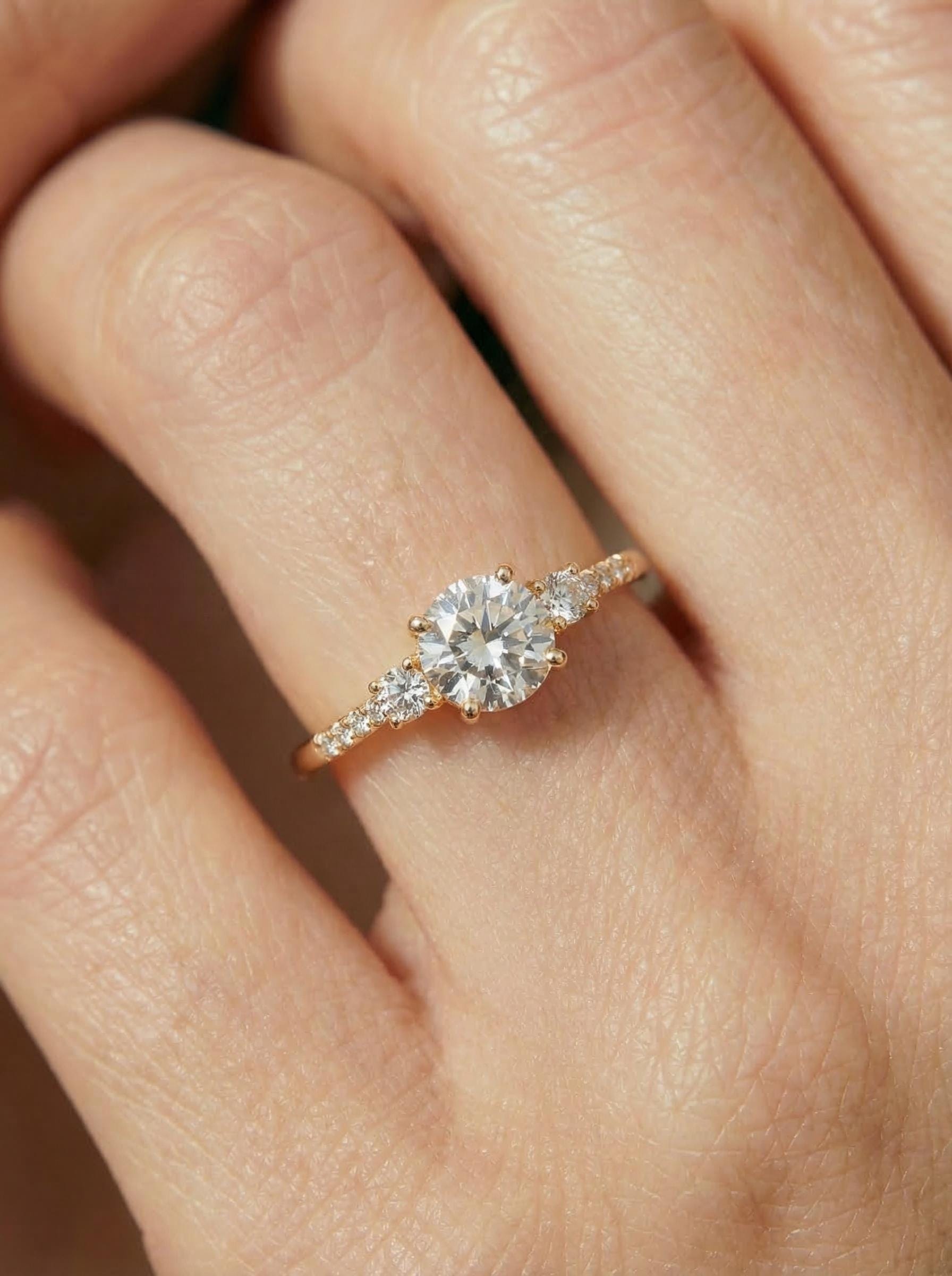 Three Stone Travel Ring, Round Cut 1ct Simulated Diamond Engagement Ring, Three Stone Ring, Dainty Gold Promise Ring, Bridal Ring For Her