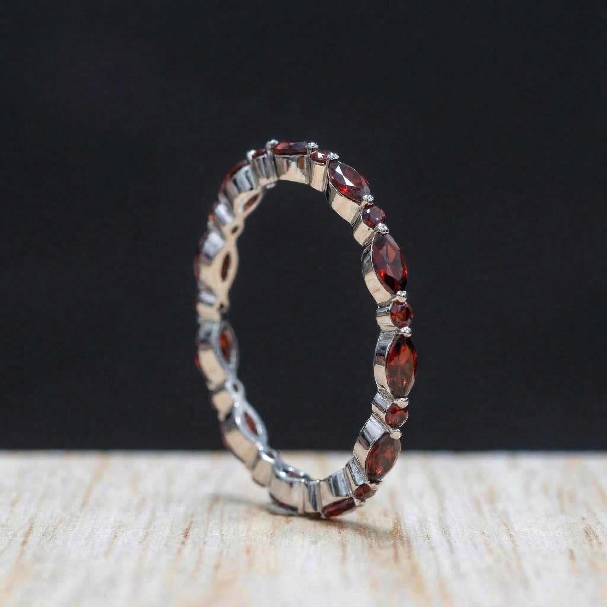 Delicate Garnet Eternity Ring | Marquise & Round Gemstone Stacking Band | January Birthstone Promise Ring | Dainty Anniversary Gift for Her