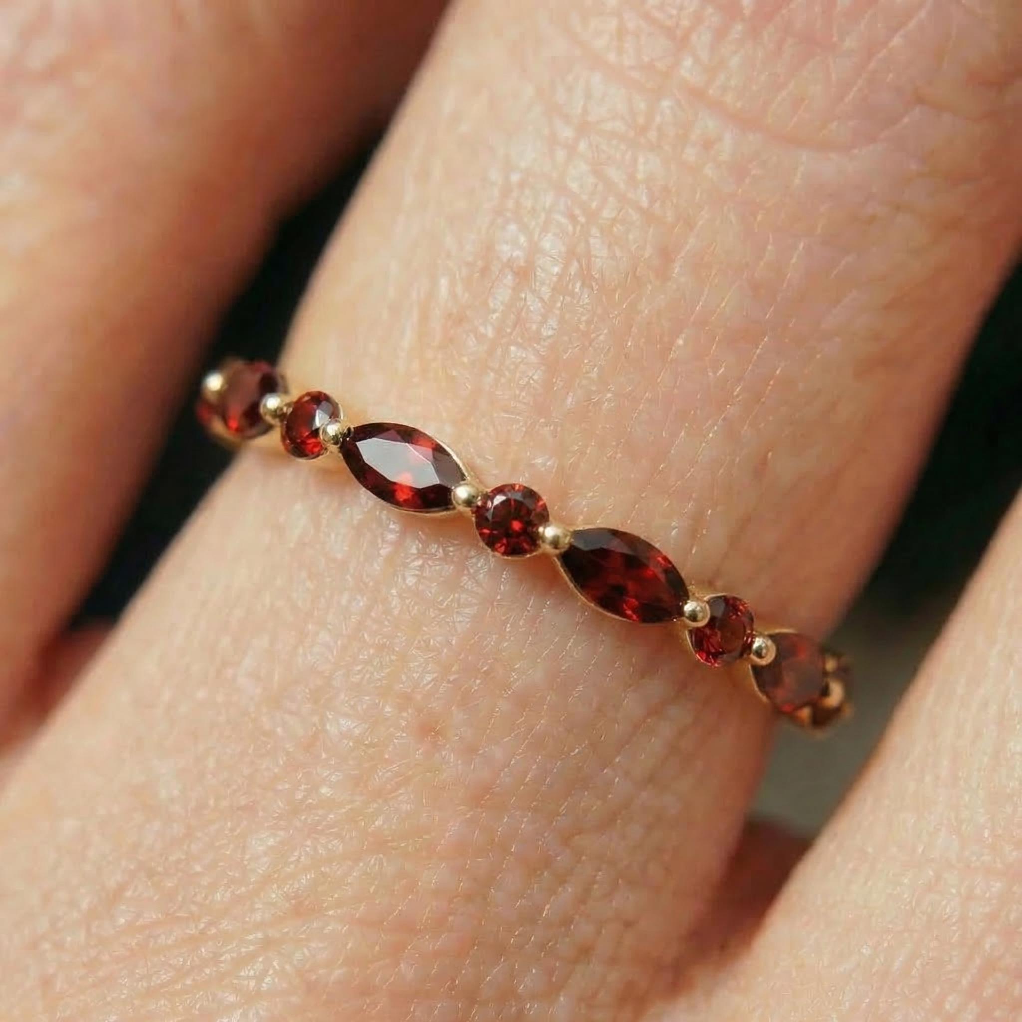 Delicate Garnet Eternity Ring | Marquise & Round Gemstone Stacking Band | January Birthstone Promise Ring | Dainty Anniversary Gift for Her