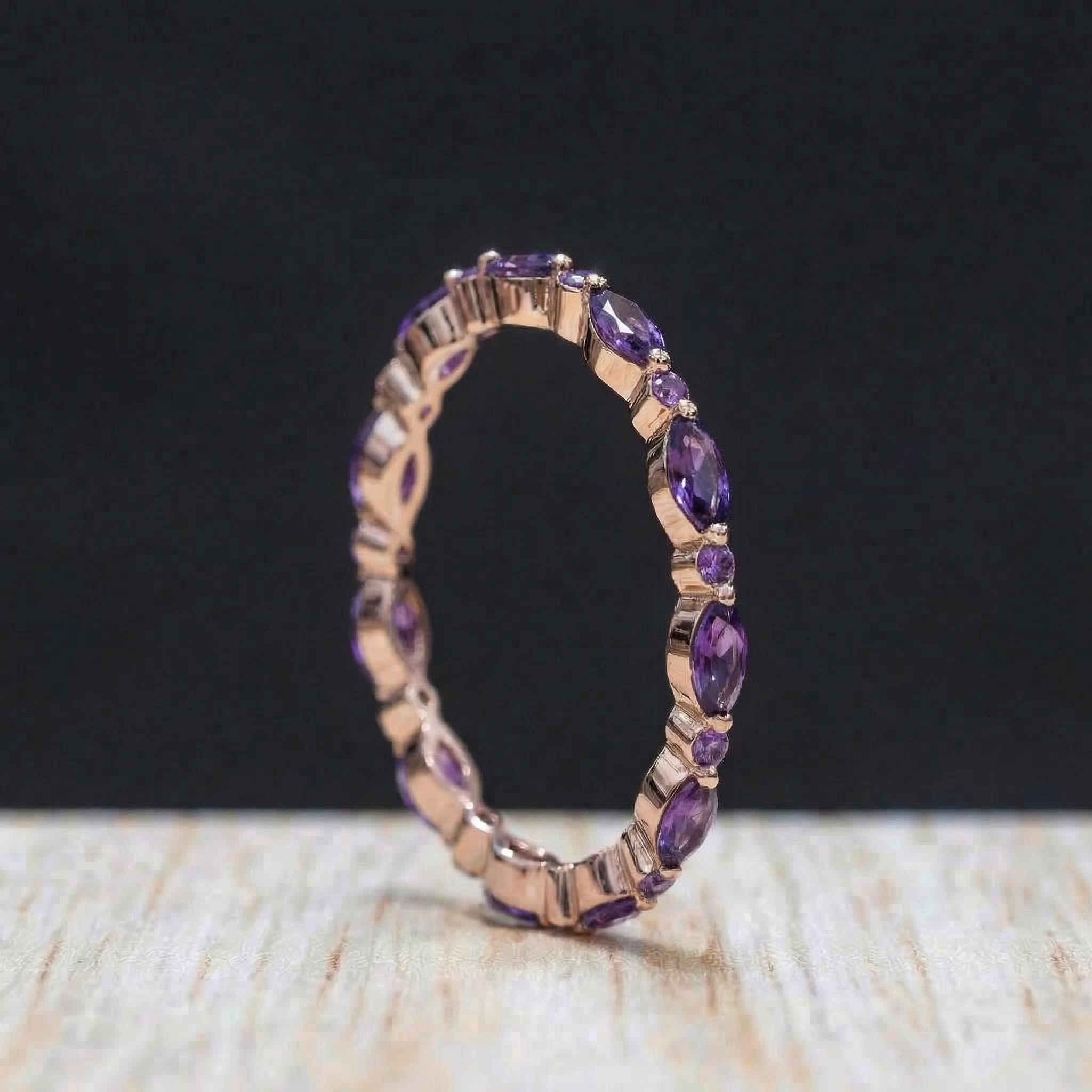 Dainty Marquise Amethyst Eternity Ring | Art Deco Gold Stackable Band | February Birthstone Ring | Purple Gemstone Anniversary Gift