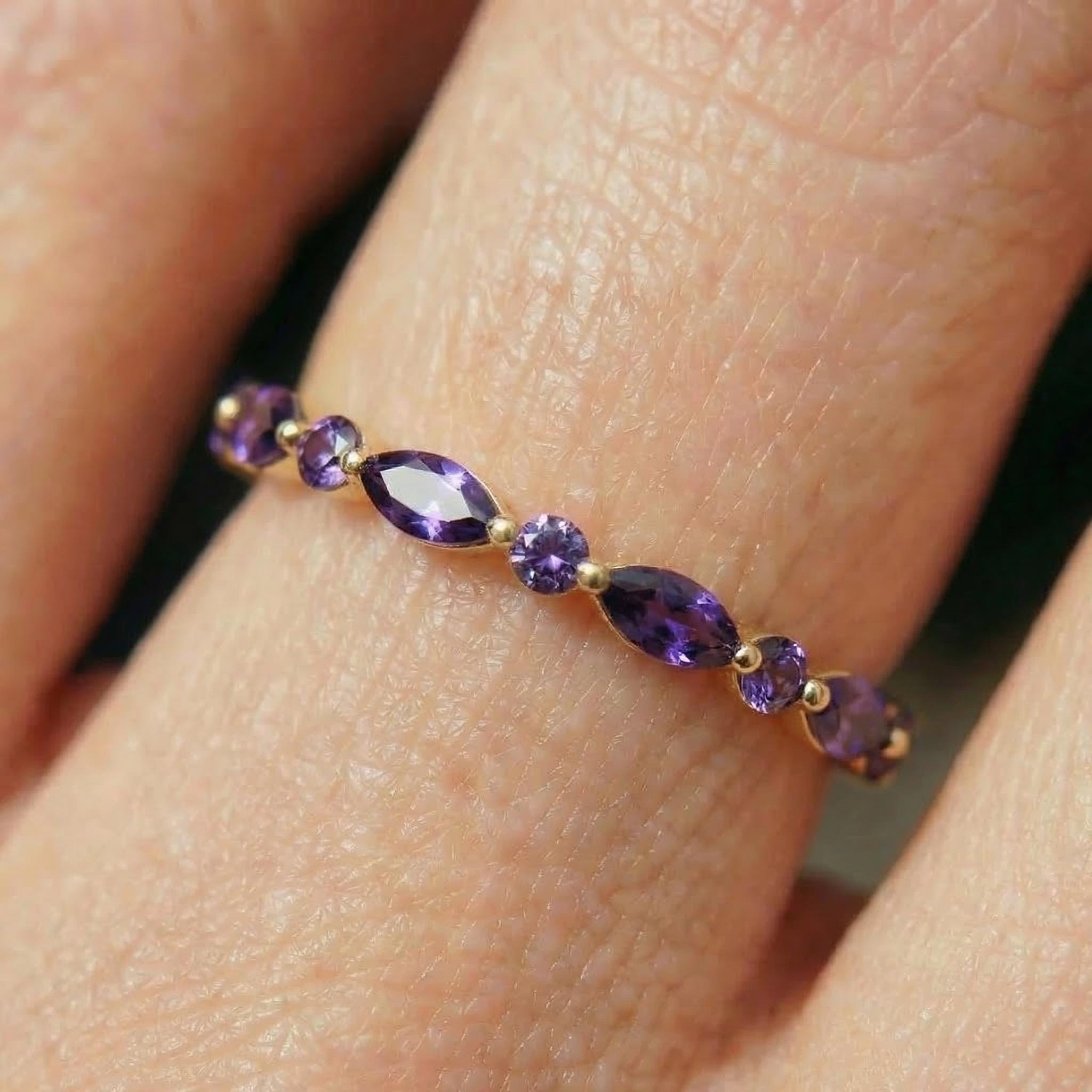 Dainty Marquise Amethyst Eternity Ring | Art Deco Gold Stackable Band | February Birthstone Ring | Purple Gemstone Anniversary Gift