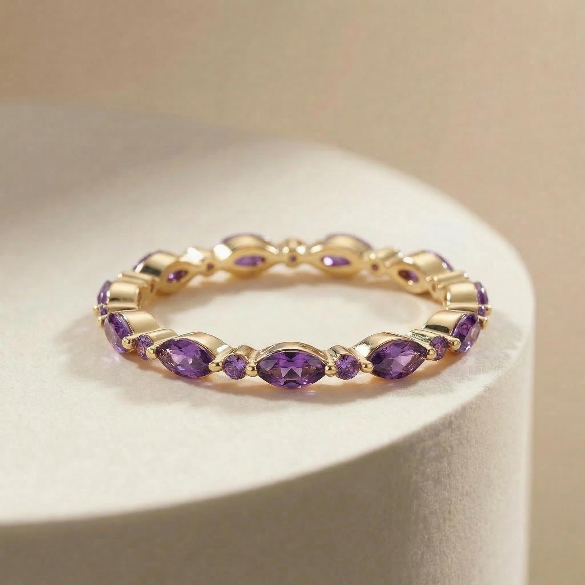 Dainty Marquise Amethyst Eternity Ring | Art Deco Gold Stackable Band | February Birthstone Ring | Purple Gemstone Anniversary Gift