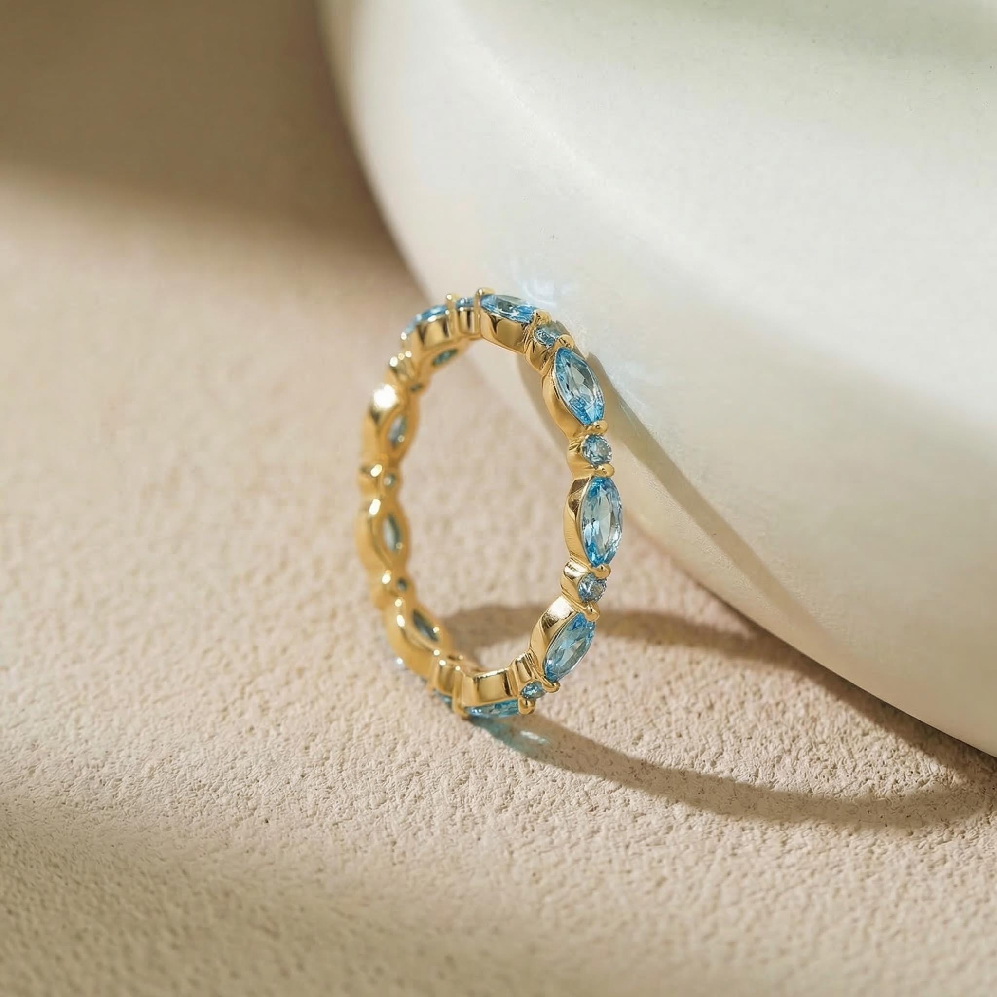 Dainty Aquamarine Eternity Ring | Marquise & Round Aquamarine  Stacking Band | Delicate Gold Wedding Ring | March Birthstone Gift for Her