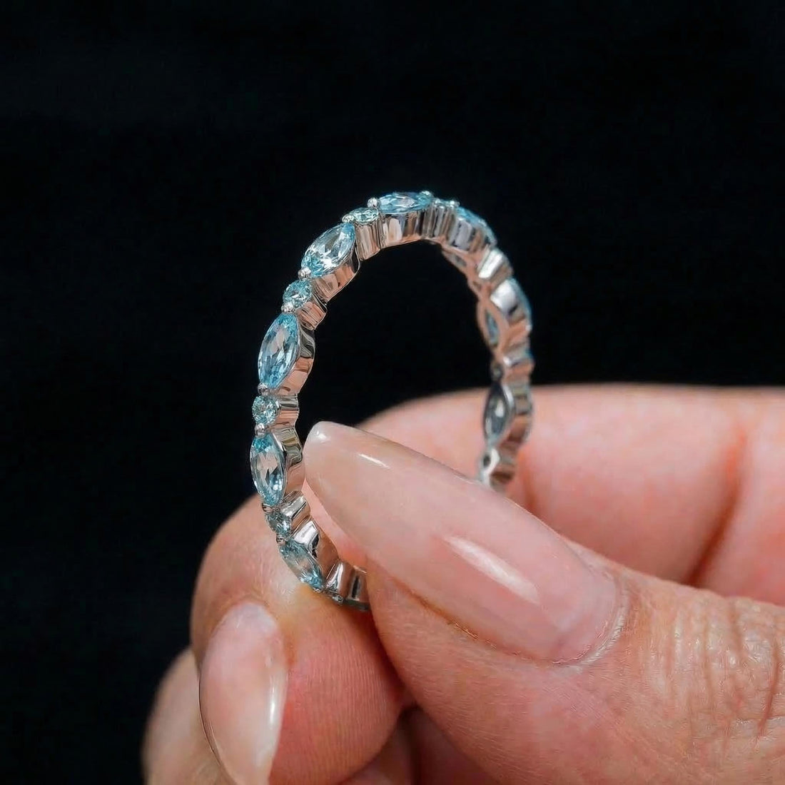 Dainty Aquamarine Eternity Ring | Marquise & Round Aquamarine  Stacking Band | Delicate Gold Wedding Ring | March Birthstone Gift for Her