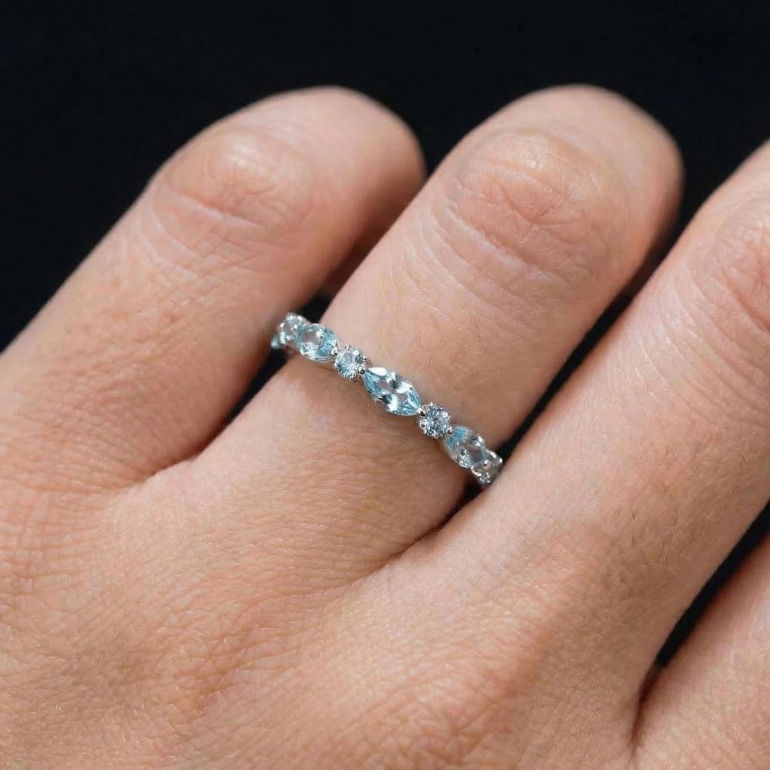 Dainty Aquamarine Eternity Ring | Marquise & Round Aquamarine  Stacking Band | Delicate Gold Wedding Ring | March Birthstone Gift for Her