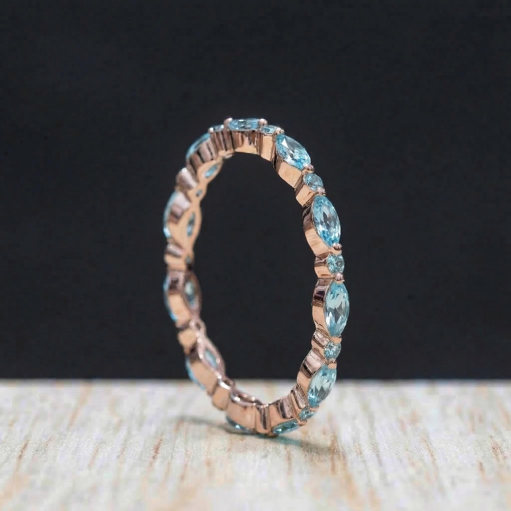 Dainty Aquamarine Eternity Ring | Marquise & Round Aquamarine  Stacking Band | Delicate Gold Wedding Ring | March Birthstone Gift for Her