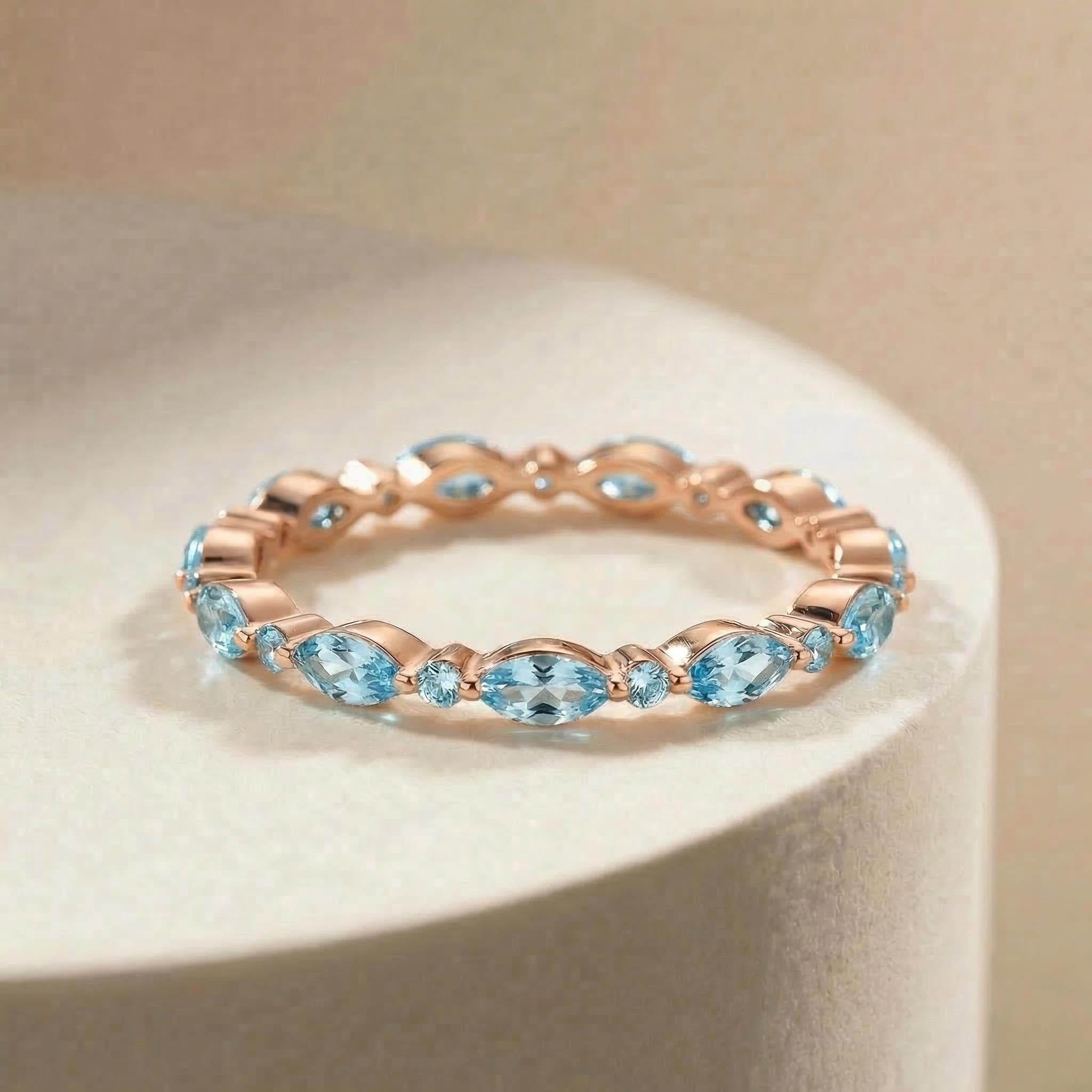 Dainty Aquamarine Eternity Ring | Marquise & Round Aquamarine  Stacking Band | Delicate Gold Wedding Ring | March Birthstone Gift for Her