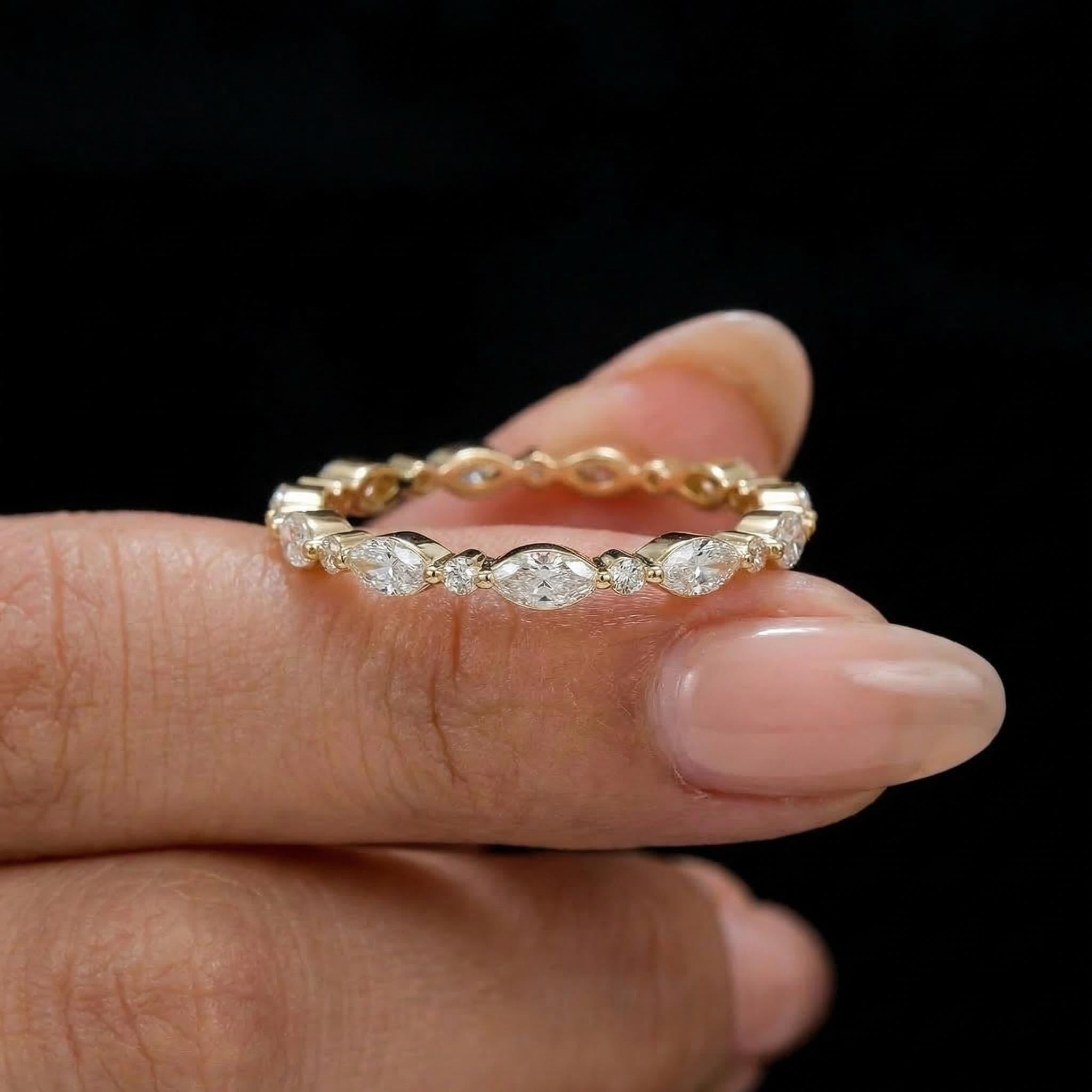 Marquise & Round Diamond Eternity Band | Dainty Gold Stacking Ring | Wedding Anniversary Gift for Her | Minimalist Fine Jewelry