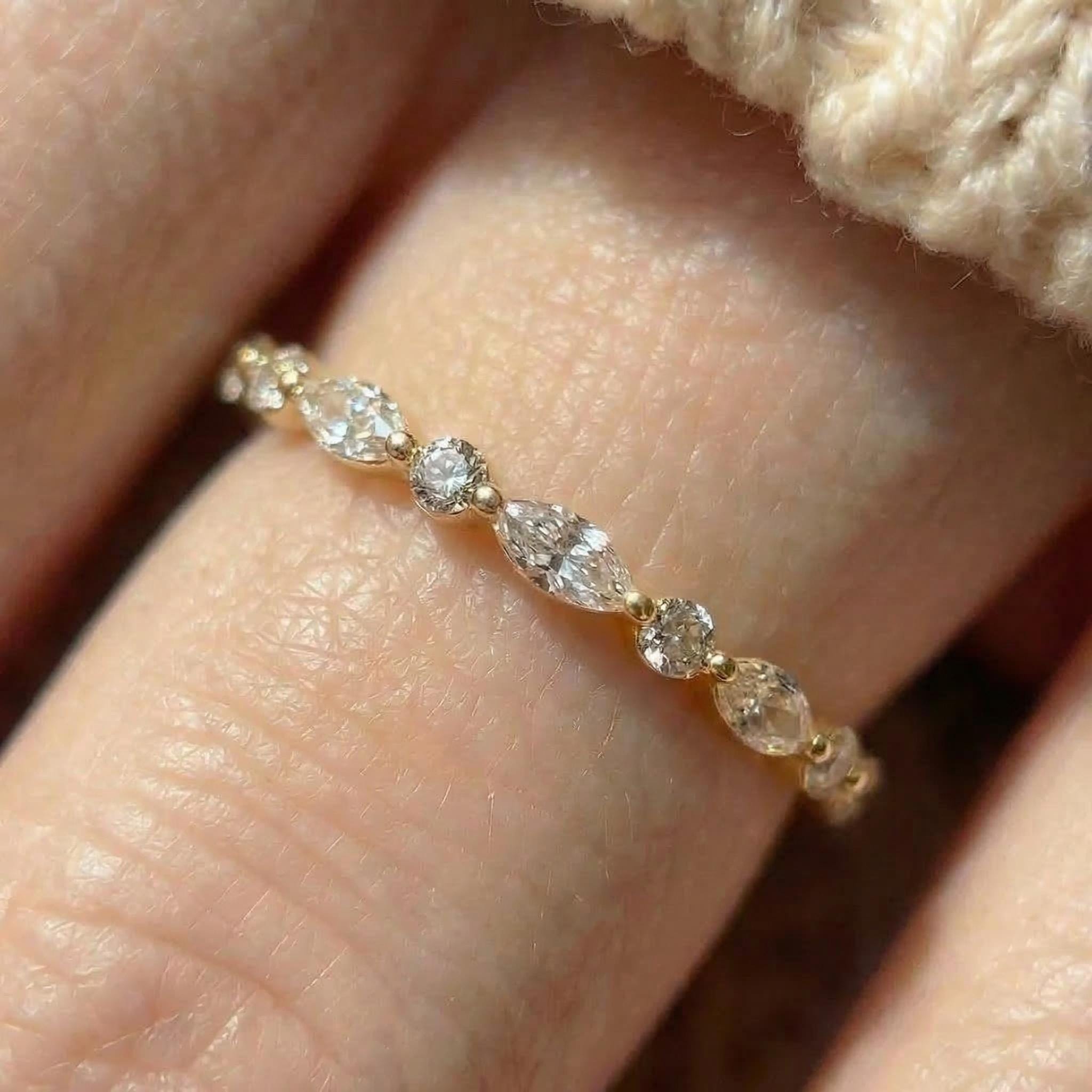 Marquise & Round Diamond Eternity Band | Dainty Gold Stacking Ring | Wedding Anniversary Gift for Her | Minimalist Fine Jewelry