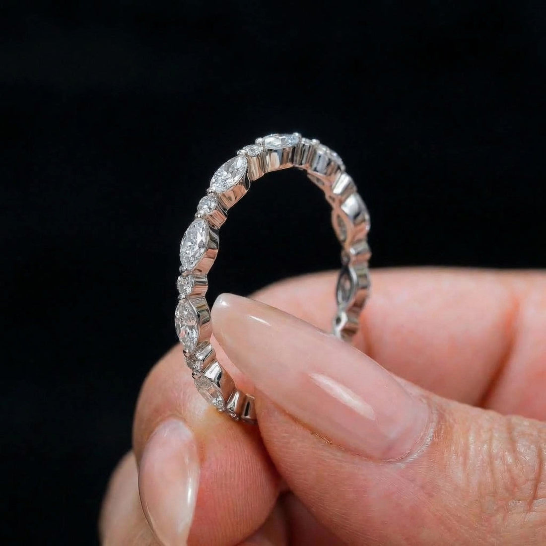 Marquise & Round Diamond Eternity Band | Dainty Gold Stacking Ring | Wedding Anniversary Gift for Her | Minimalist Fine Jewelry
