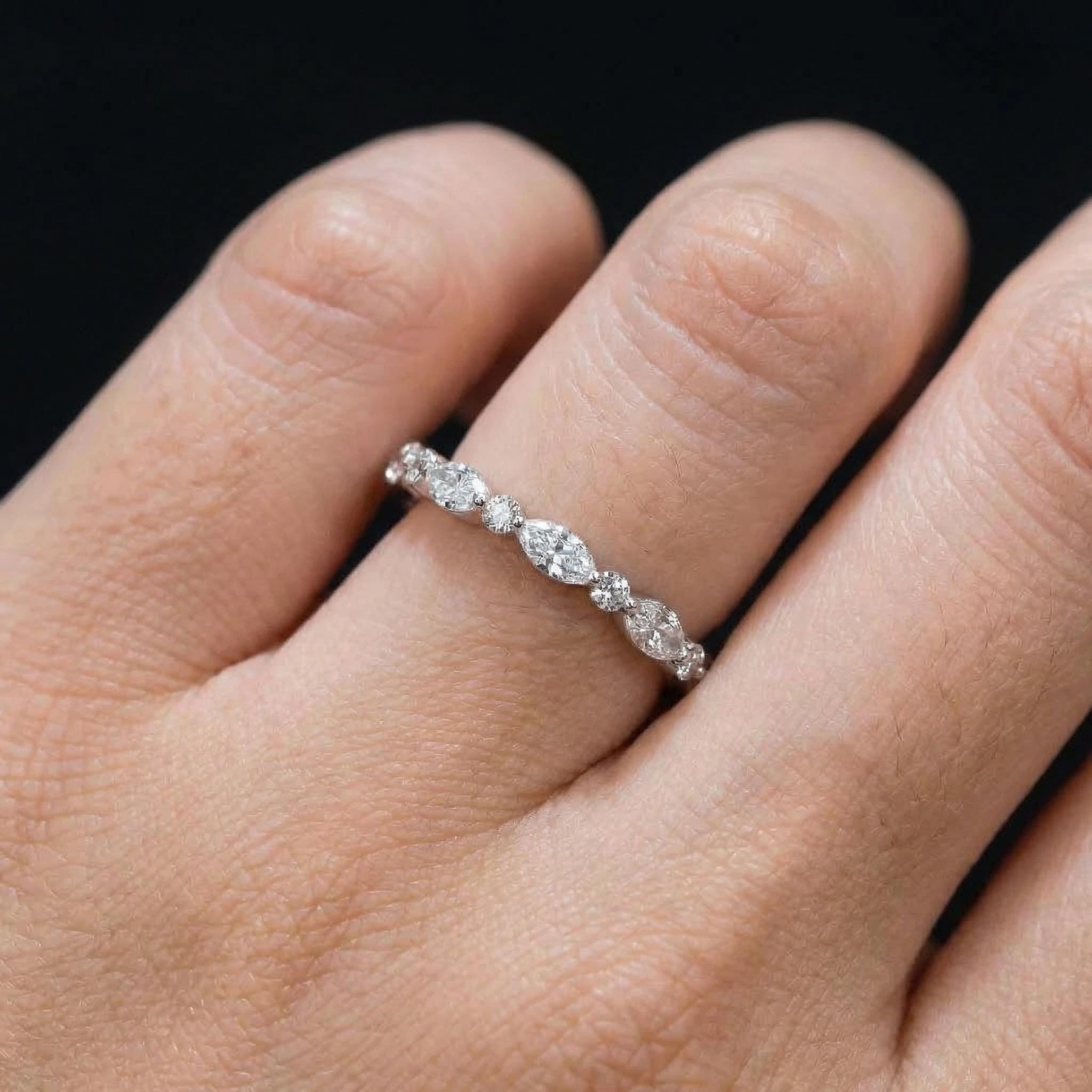 Marquise & Round Diamond Eternity Band | Dainty Gold Stacking Ring | Wedding Anniversary Gift for Her | Minimalist Fine Jewelry
