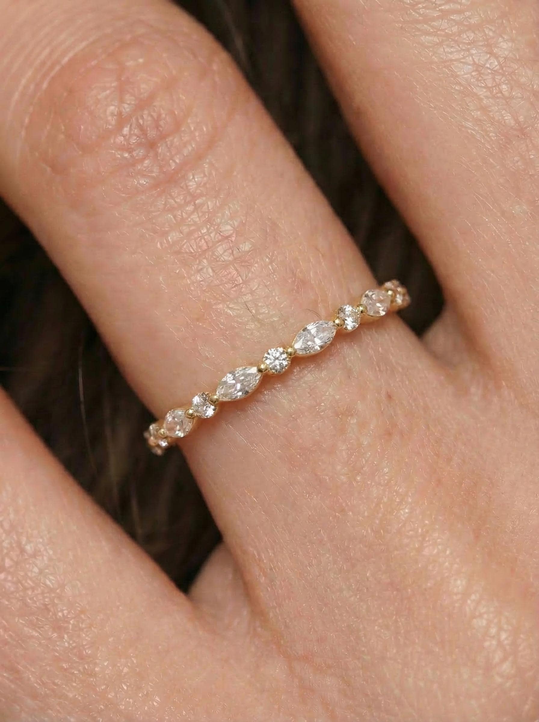 Marquise & Round Diamond Eternity Band | Dainty Gold Stacking Ring | Wedding Anniversary Gift for Her | Minimalist Fine Jewelry