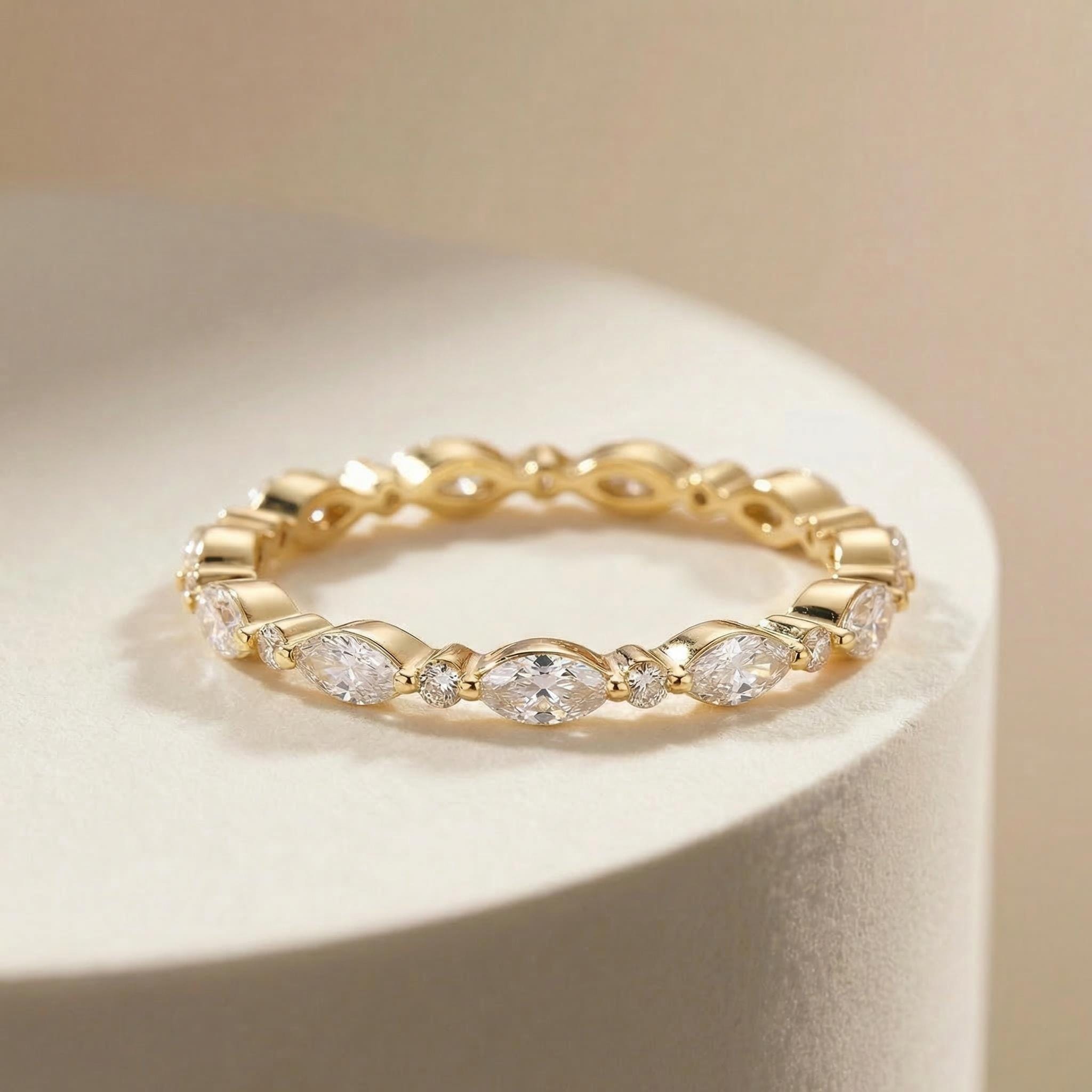 Marquise & Round Diamond Eternity Band | Dainty Gold Stacking Ring | Wedding Anniversary Gift for Her | Minimalist Fine Jewelry