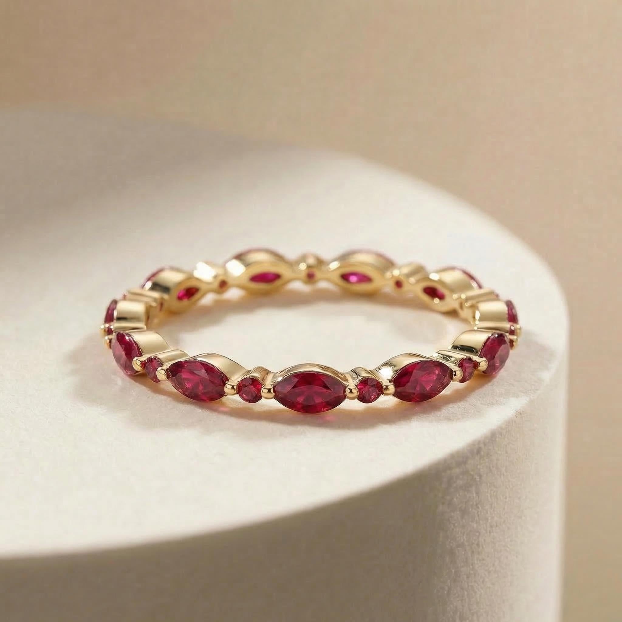 Delicate Ruby Gold Stacking Ring | Marquise & Round Natural Ruby Eternity Band | Dainty Gemstone Anniversary Gift for Her | July Birthstone