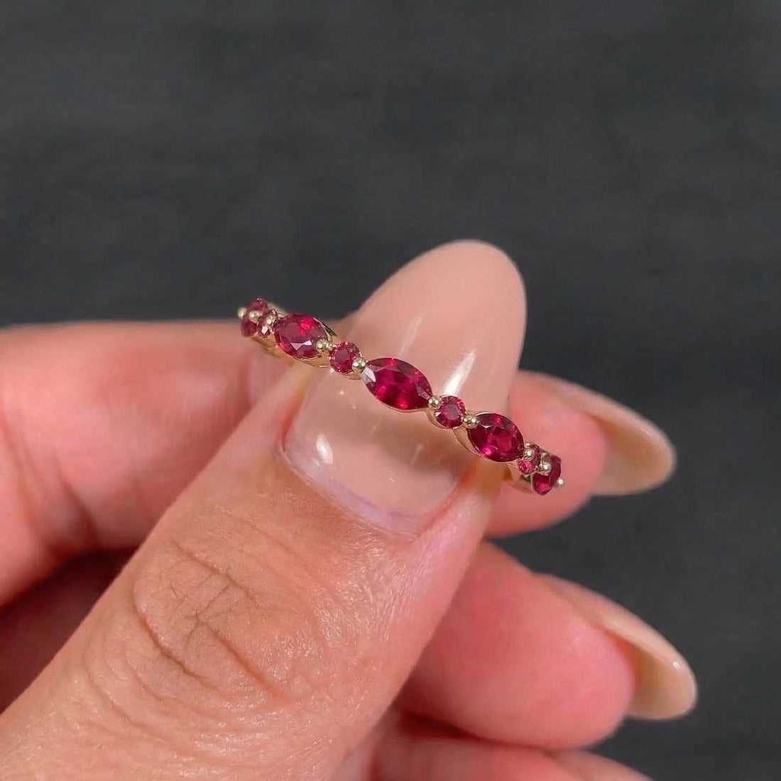 Delicate Ruby Gold Stacking Ring | Marquise & Round Natural Ruby Eternity Band | Dainty Gemstone Anniversary Gift for Her | July Birthstone