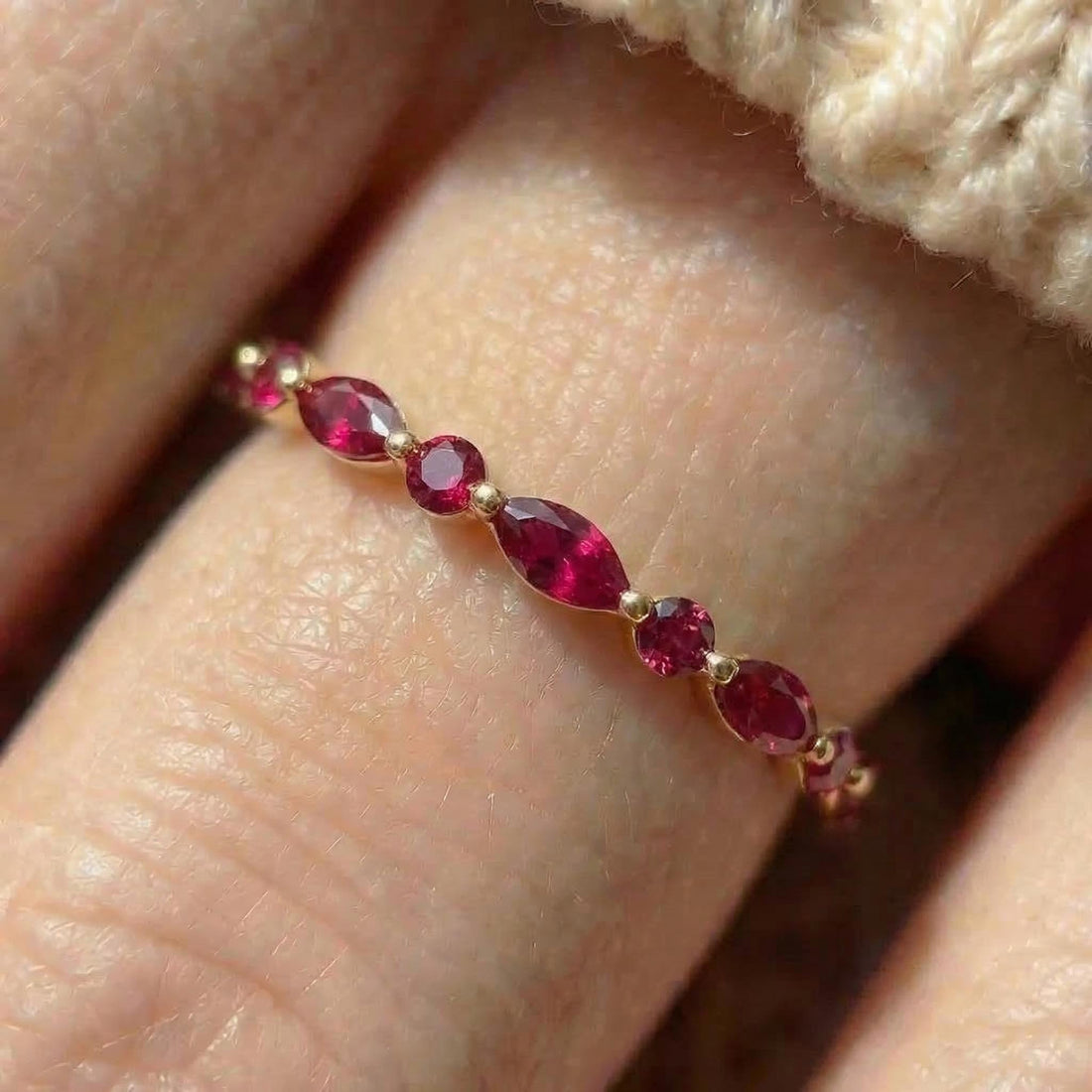 Delicate Ruby Gold Stacking Ring | Marquise & Round Natural Ruby Eternity Band | Dainty Gemstone Anniversary Gift for Her | July Birthstone