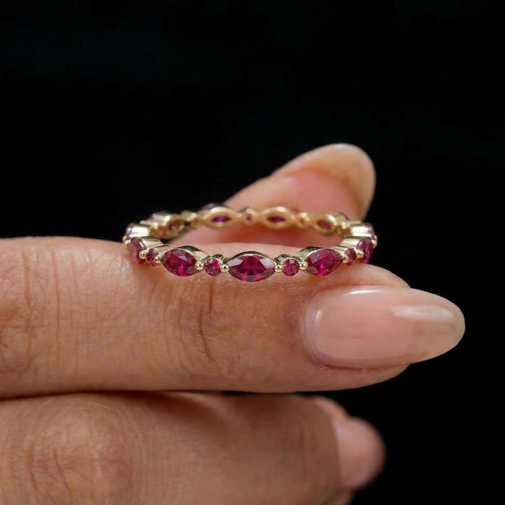 Delicate Ruby Gold Stacking Ring | Marquise & Round Natural Ruby Eternity Band | Dainty Gemstone Anniversary Gift for Her | July Birthstone