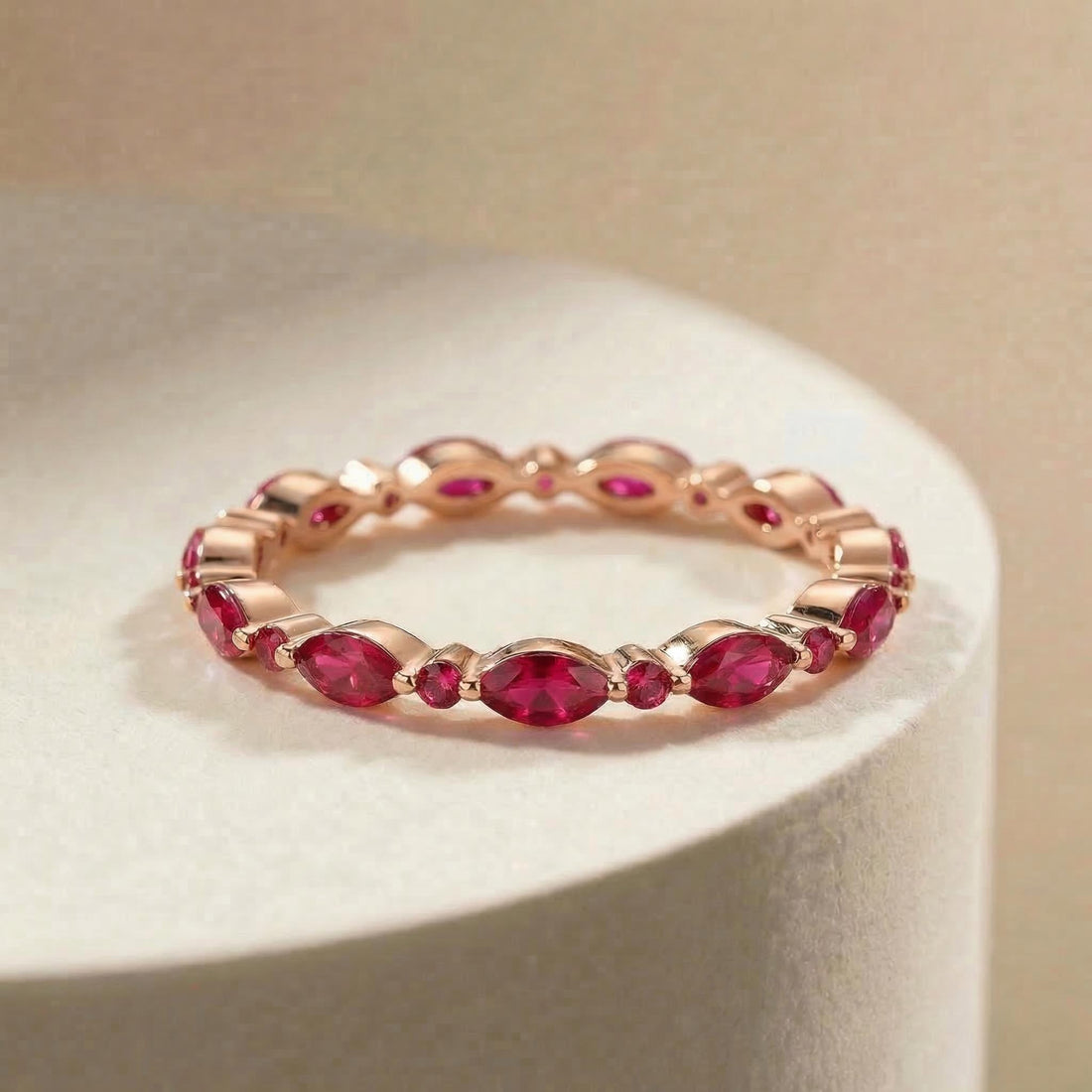 Delicate Ruby Gold Stacking Ring | Marquise & Round Natural Ruby Eternity Band | Dainty Gemstone Anniversary Gift for Her | July Birthstone