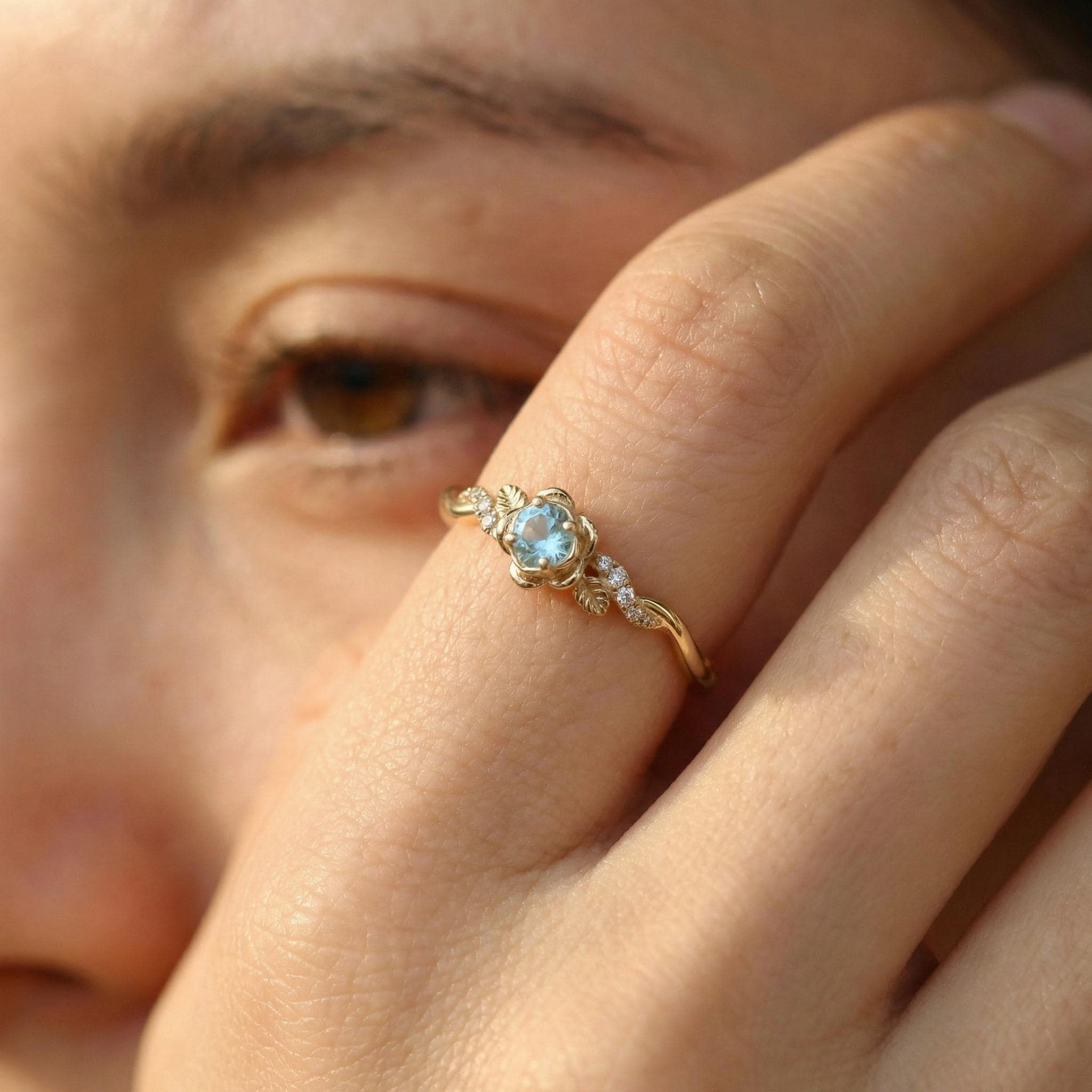 Flower Aquamarine Engagement Ring, Floral Twist Promise Ring for Women, Nature Inspired Leaf Wedding Ring, March Birthstone
