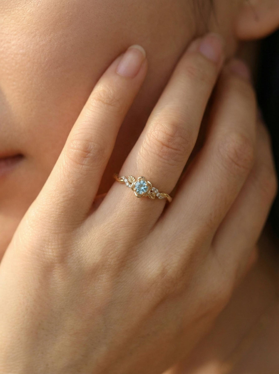 Flower Aquamarine Engagement Ring, Floral Twist Promise Ring for Women, Nature Inspired Leaf Wedding Ring, March Birthstone