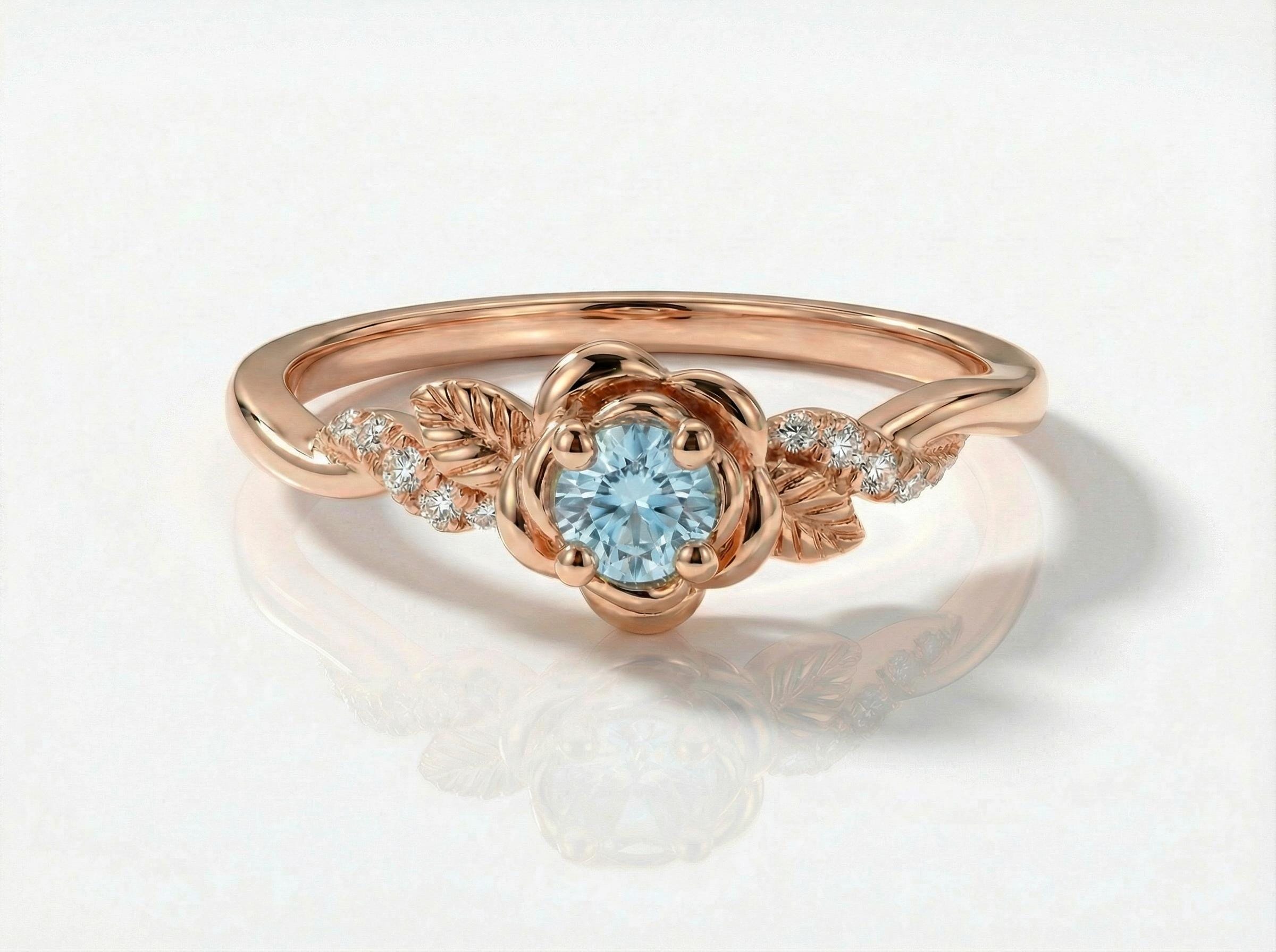 Flower Aquamarine Engagement Ring, Floral Twist Promise Ring for Women, Nature Inspired Leaf Wedding Ring, March Birthstone