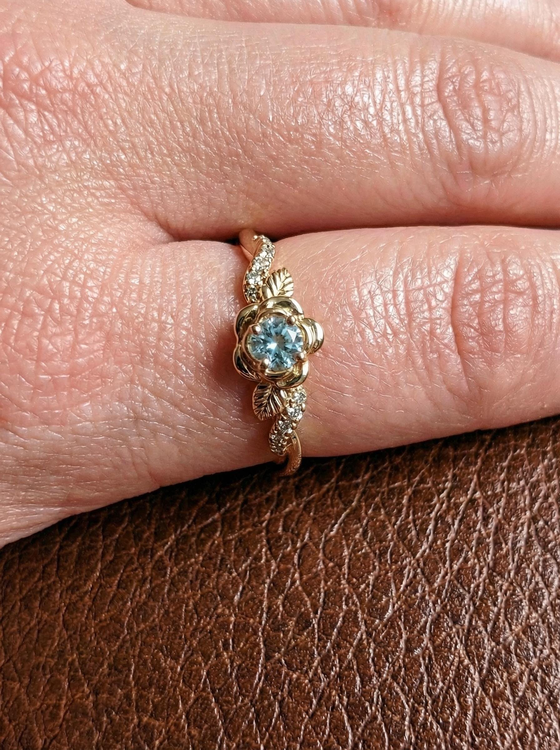 Flower Aquamarine Engagement Ring, Floral Twist Promise Ring for Women, Nature Inspired Leaf Wedding Ring, March Birthstone