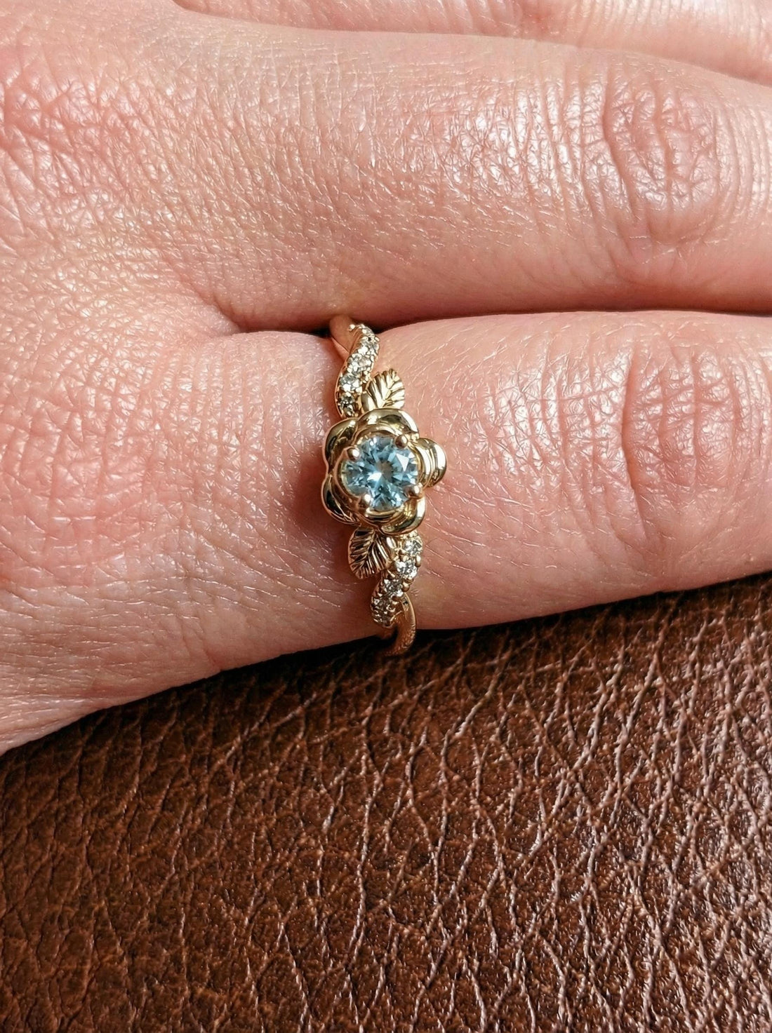 Flower Aquamarine Engagement Ring, Floral Twist Promise Ring for Women, Nature Inspired Leaf Wedding Ring, March Birthstone