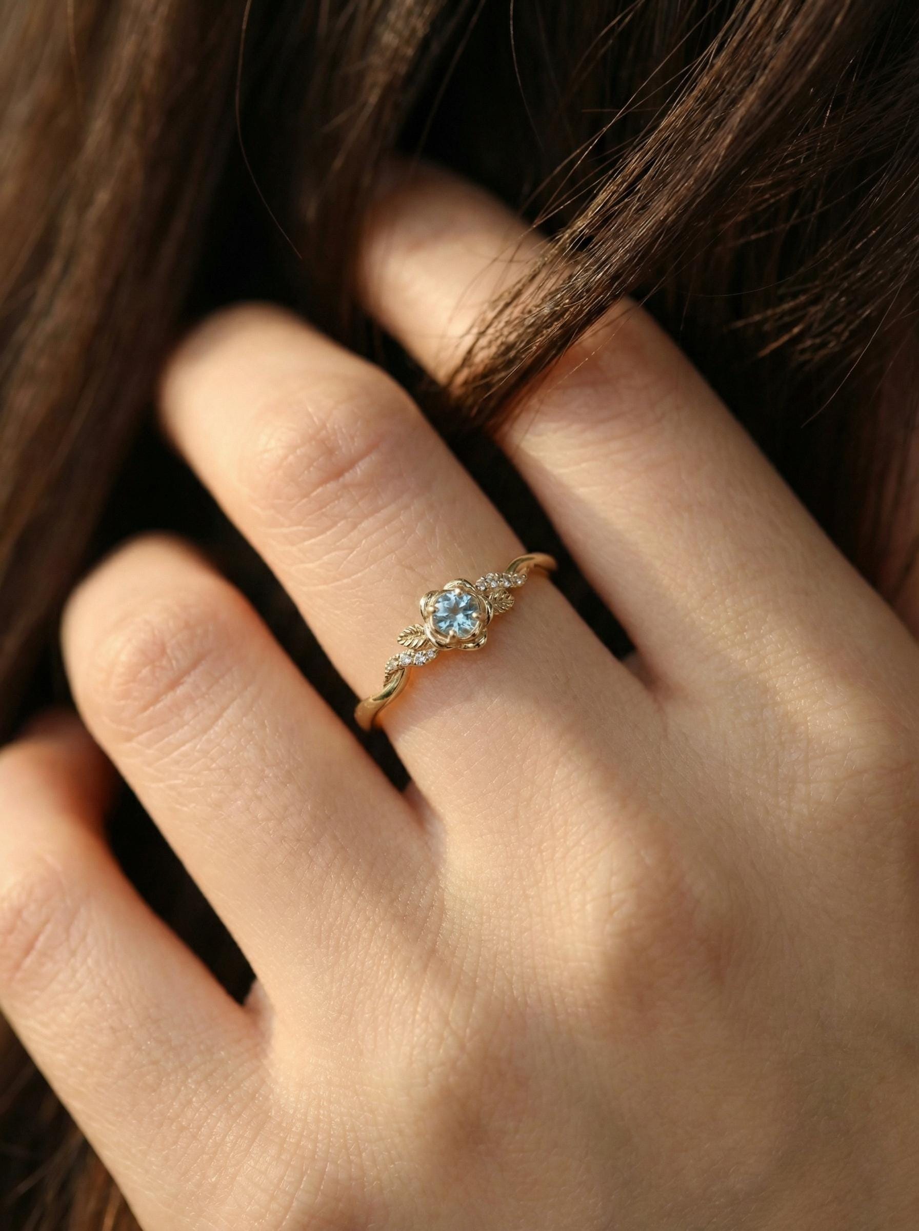Flower Aquamarine Engagement Ring, Floral Twist Promise Ring for Women, Nature Inspired Leaf Wedding Ring, March Birthstone