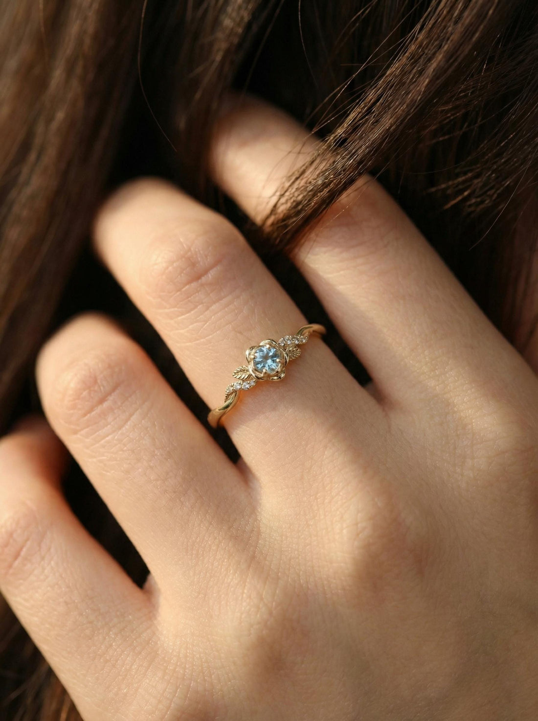 Flower Aquamarine Engagement Ring, Floral Twist Promise Ring for Women, Nature Inspired Leaf Wedding Ring, March Birthstone
