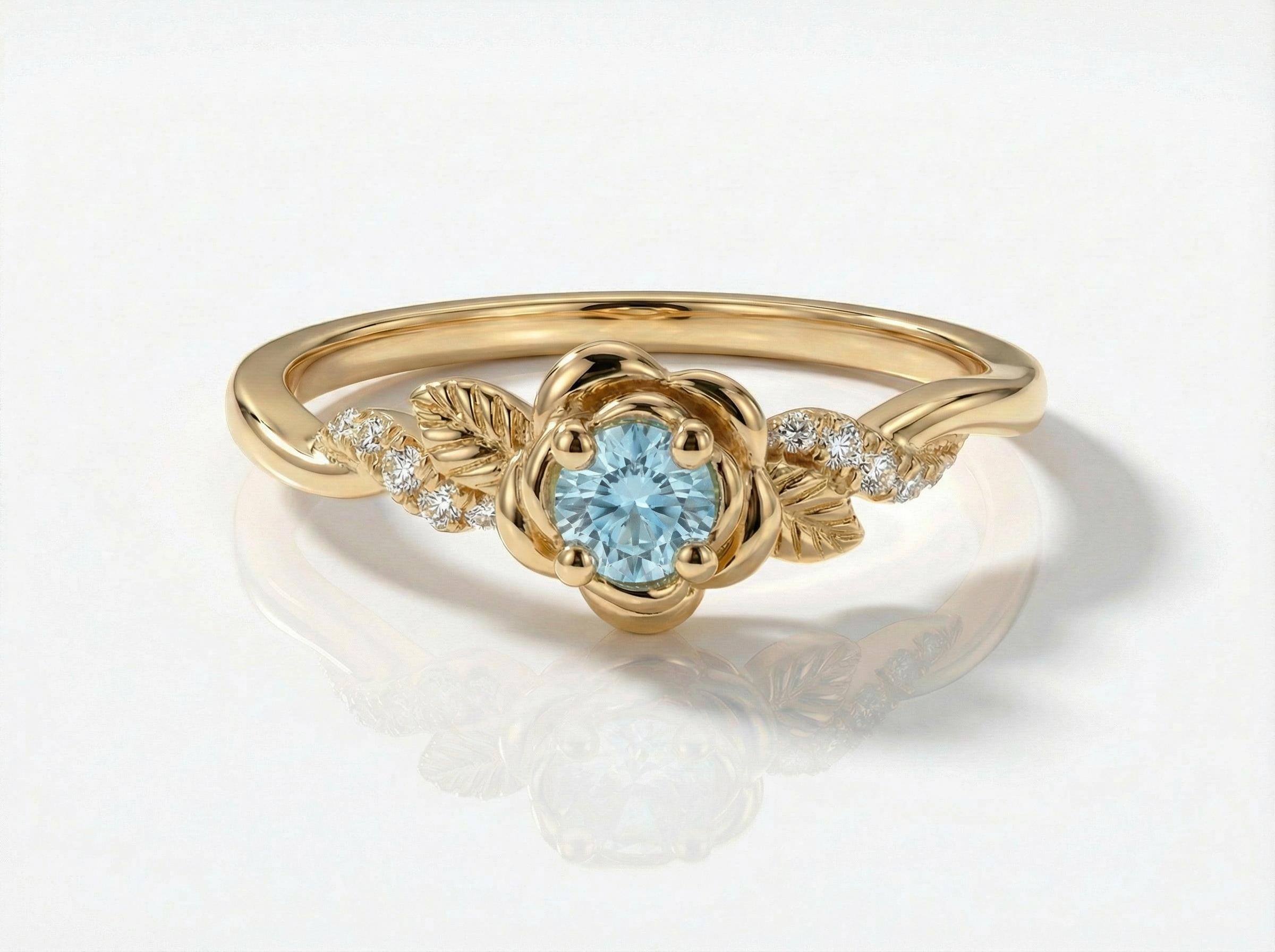Flower Aquamarine Engagement Ring, Floral Twist Promise Ring for Women, Nature Inspired Leaf Wedding Ring, March Birthstone