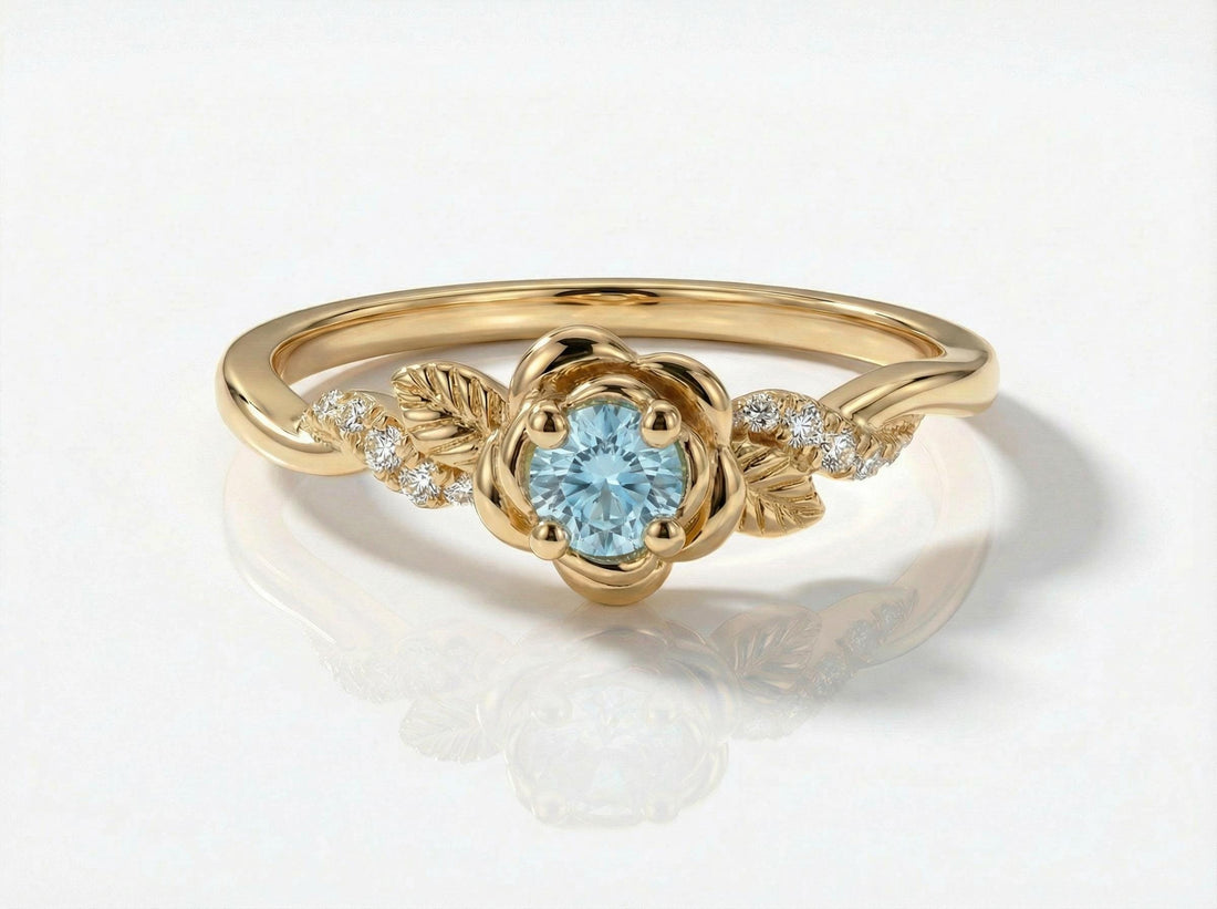 Flower Aquamarine Engagement Ring, Floral Twist Promise Ring for Women, Nature Inspired Leaf Wedding Ring, March Birthstone