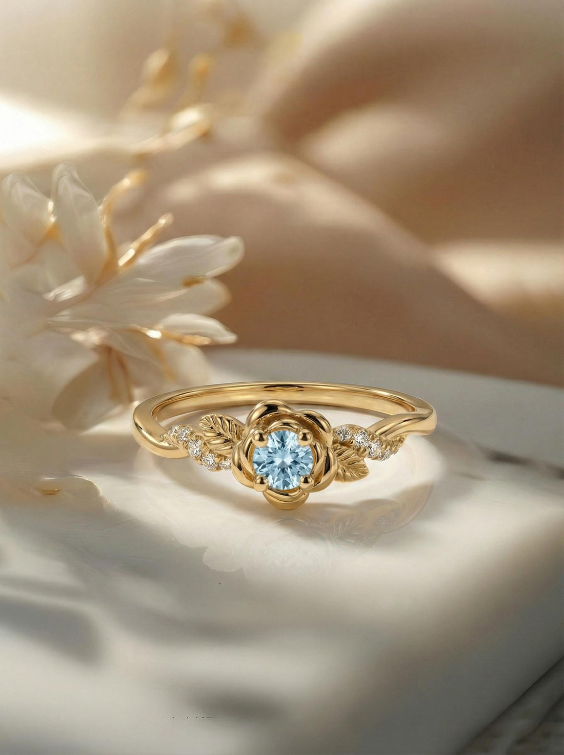 Flower Aquamarine Engagement Ring, Floral Twist Promise Ring for Women, Nature Inspired Leaf Wedding Ring, March Birthstone