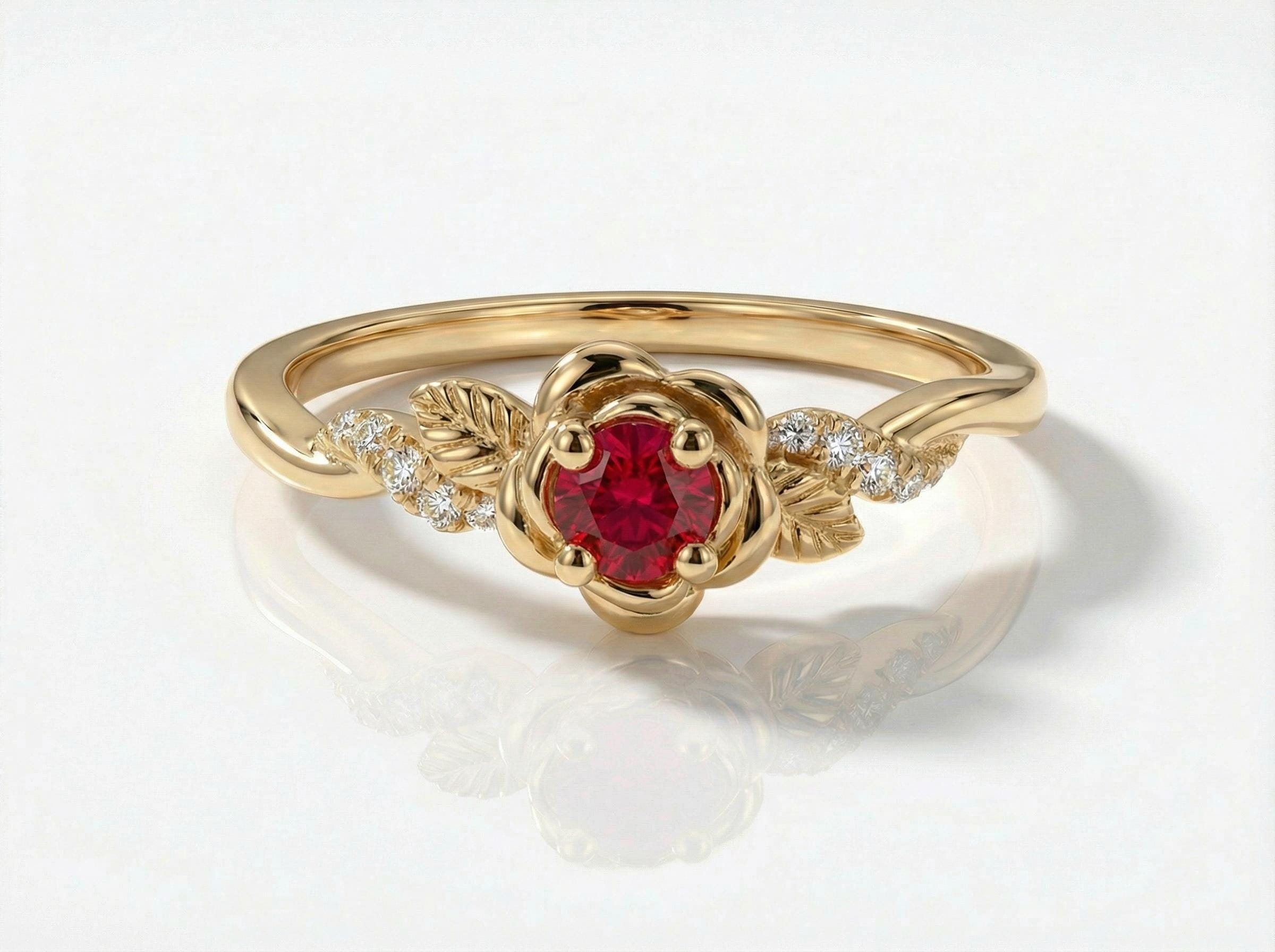 Flower Ruby Engagement Ring, Floral Twist Promise Ring for Women, Nature Inspired Leaf Wedding Ring, July Birthstone