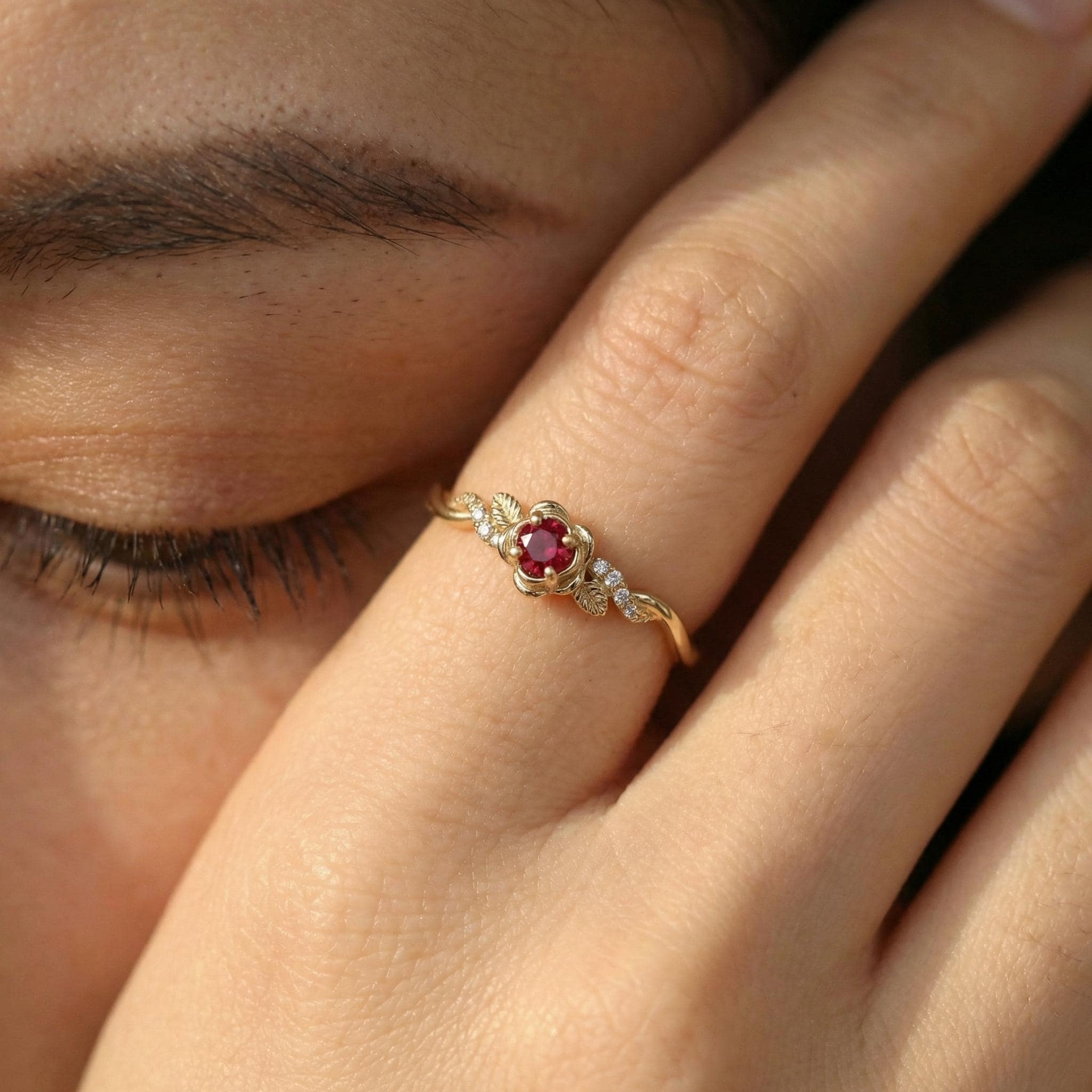 Flower Ruby Engagement Ring, Floral Twist Promise Ring for Women, Nature Inspired Leaf Wedding Ring, July Birthstone