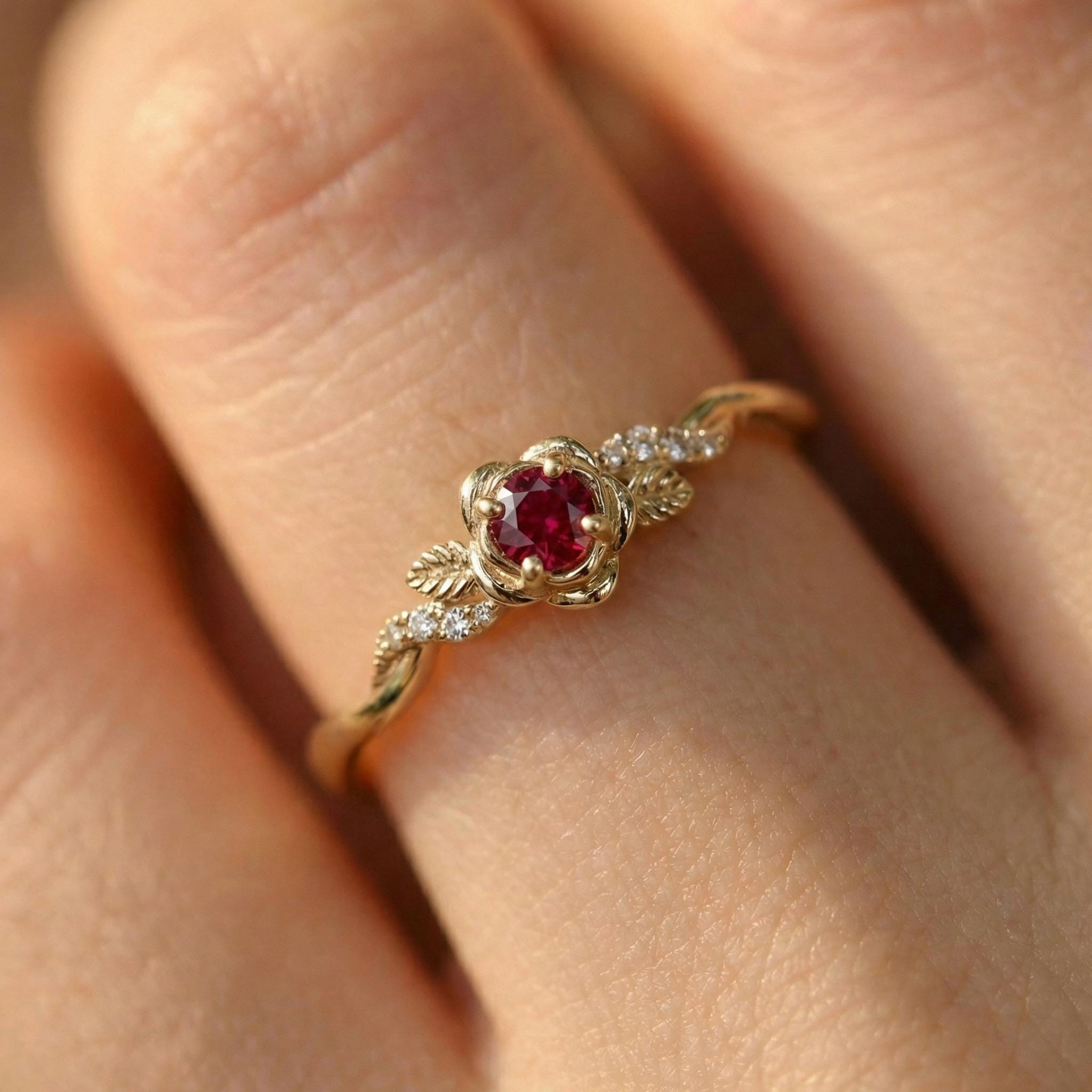Flower Ruby Engagement Ring, Floral Twist Promise Ring for Women, Nature Inspired Leaf Wedding Ring, July Birthstone
