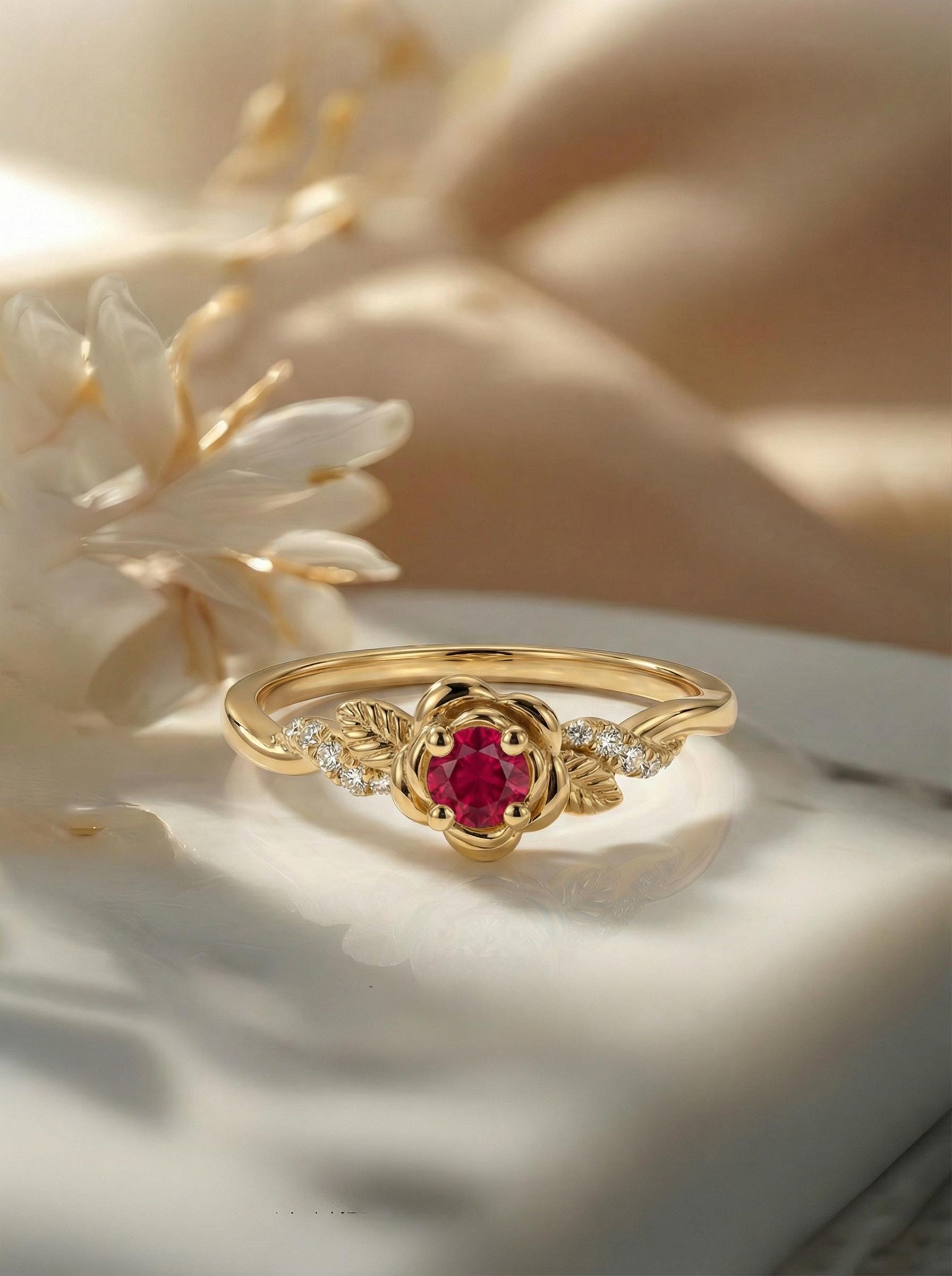 Flower Ruby Engagement Ring, Floral Twist Promise Ring for Women, Nature Inspired Leaf Wedding Ring, July Birthstone