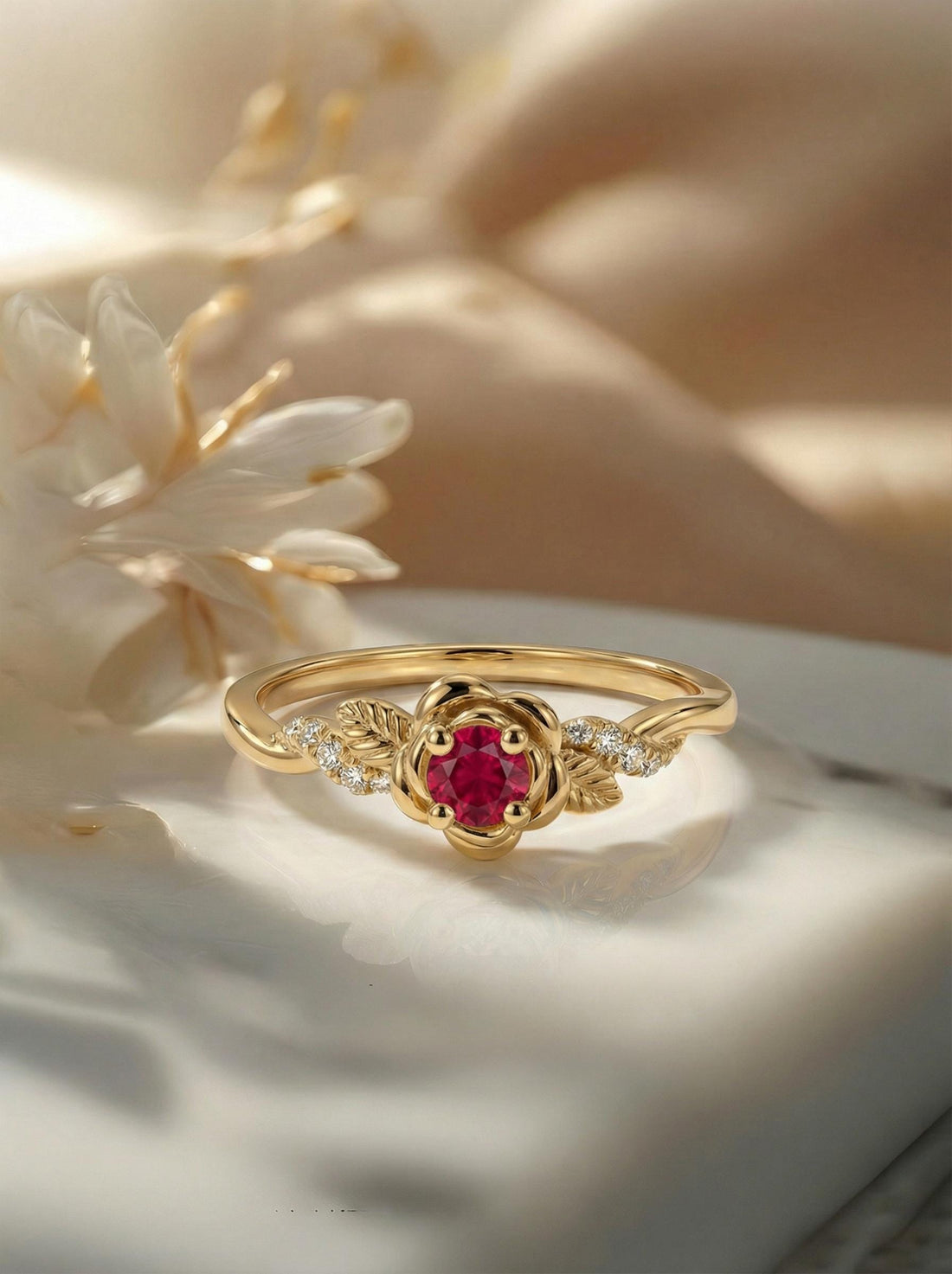 Flower Ruby Engagement Ring, Floral Twist Promise Ring for Women, Nature Inspired Leaf Wedding Ring, July Birthstone