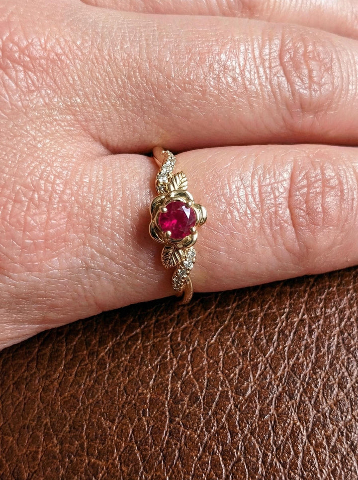 Flower Ruby Engagement Ring, Floral Twist Promise Ring for Women, Nature Inspired Leaf Wedding Ring, July Birthstone