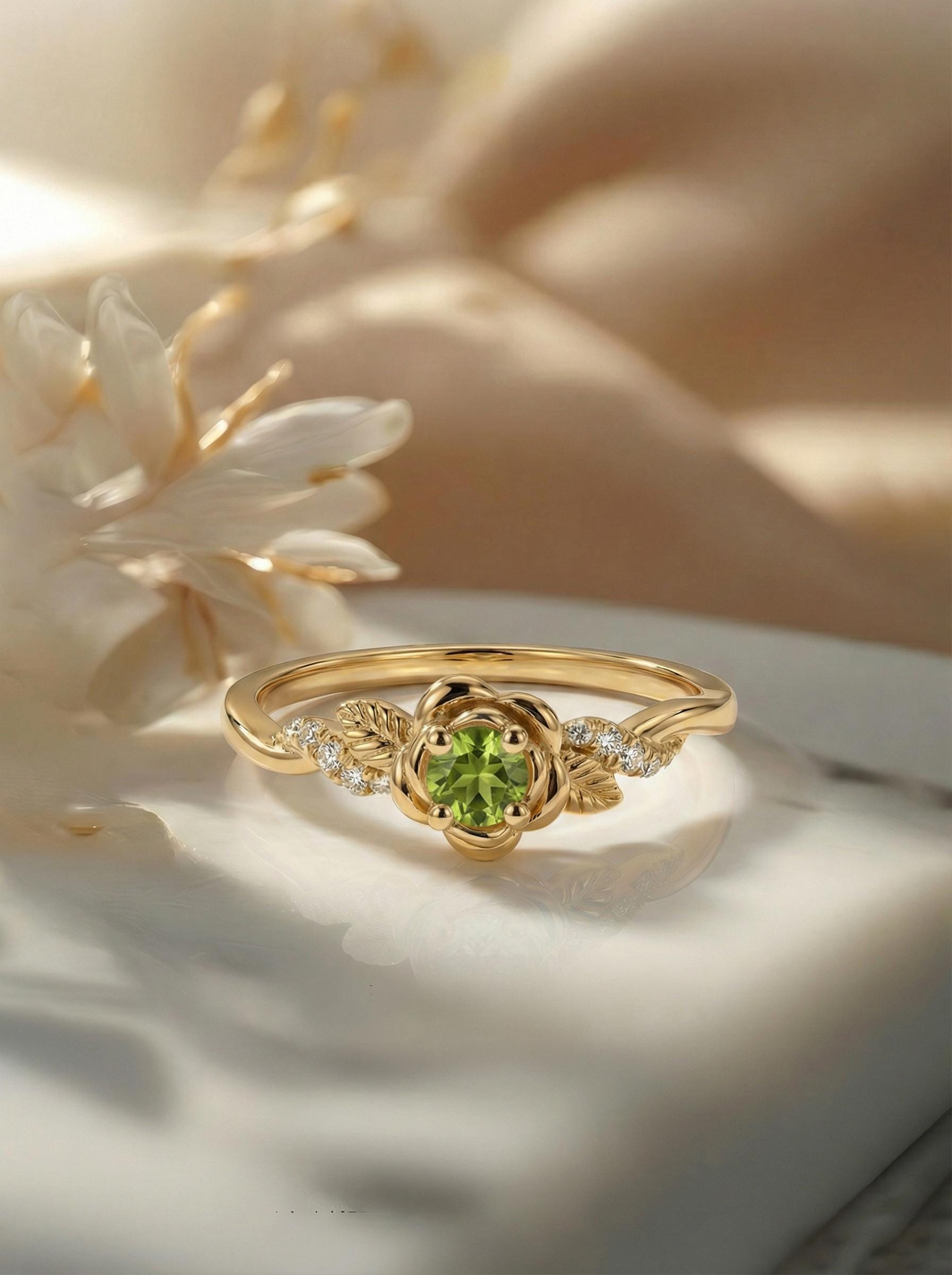 Flower Peridot Engagement Ring, Floral Twist Promise Ring for Women, Nature Inspired Leaf Wedding Ring, August Birthstone
