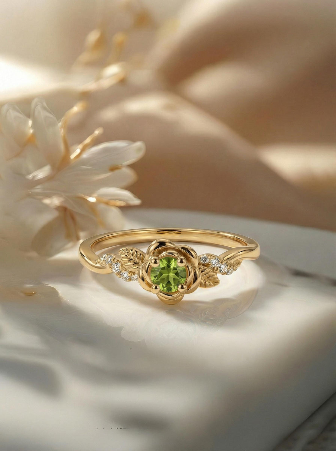 Flower Peridot Engagement Ring, Floral Twist Promise Ring for Women, Nature Inspired Leaf Wedding Ring, August Birthstone
