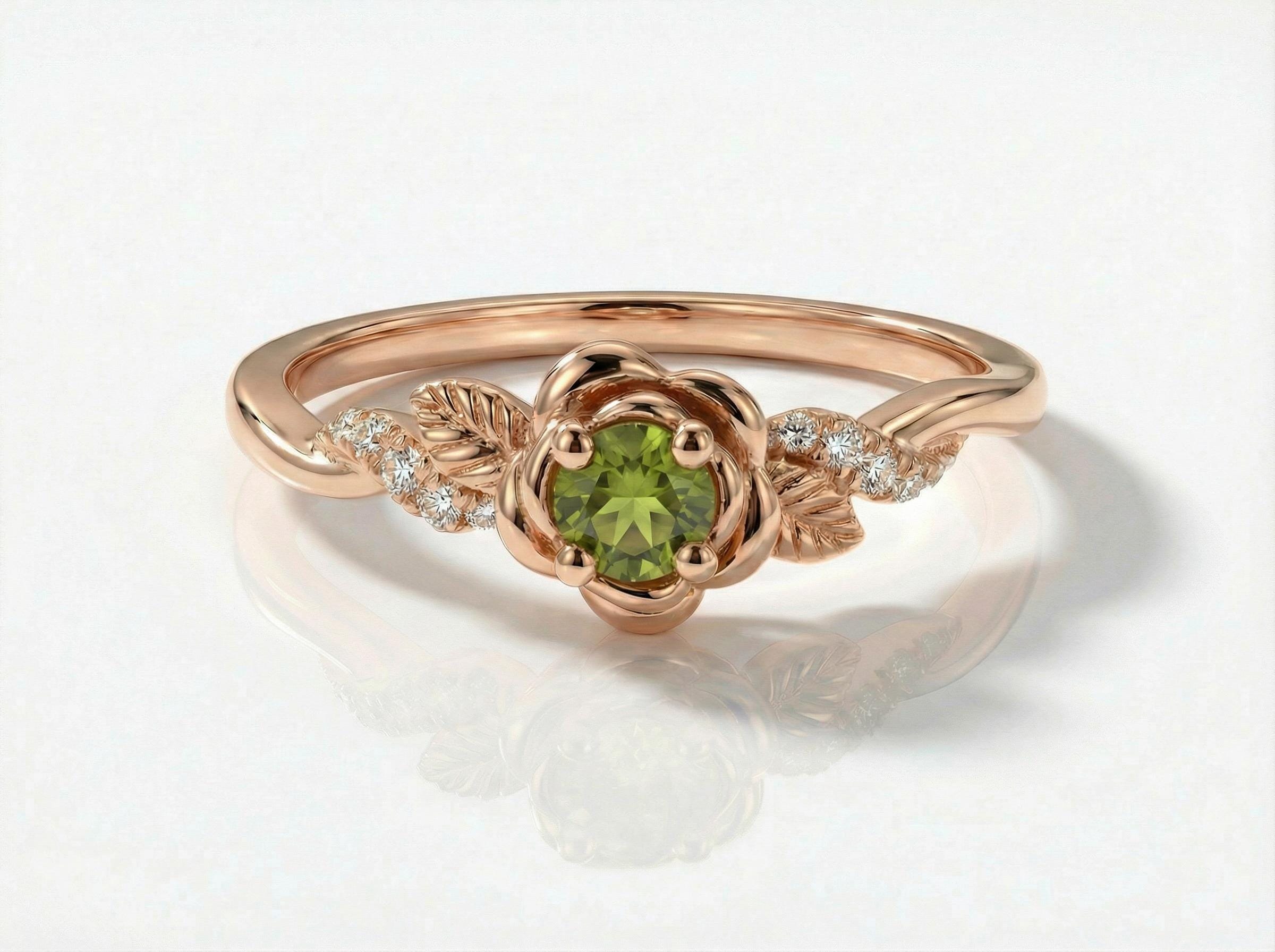 Flower Peridot Engagement Ring, Floral Twist Promise Ring for Women, Nature Inspired Leaf Wedding Ring, August Birthstone