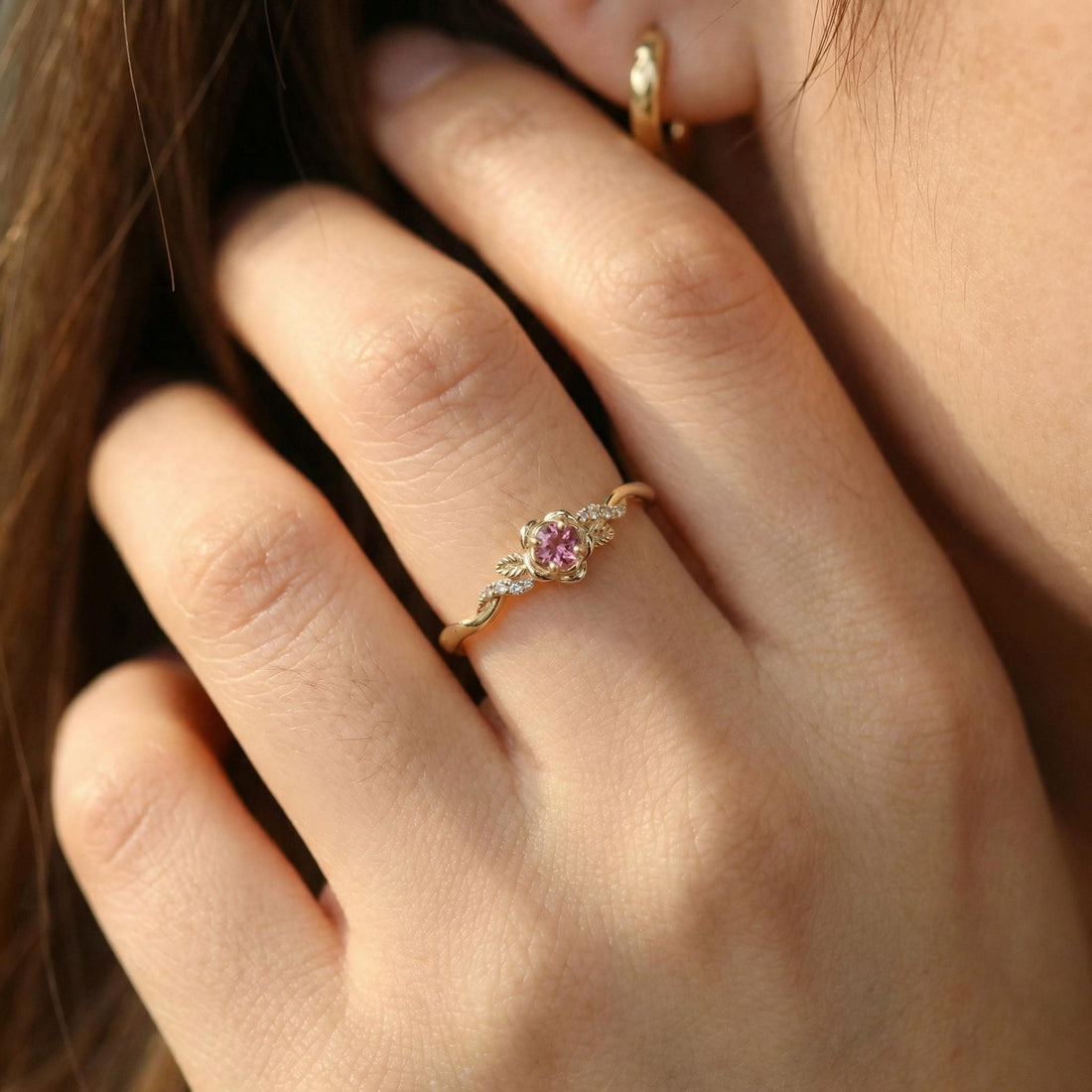 Flower Pink Tourmaline Engagement Ring, Floral Twist Promise Ring for Women, Nature Inspired Leaf Wedding Ring, October Birthstone