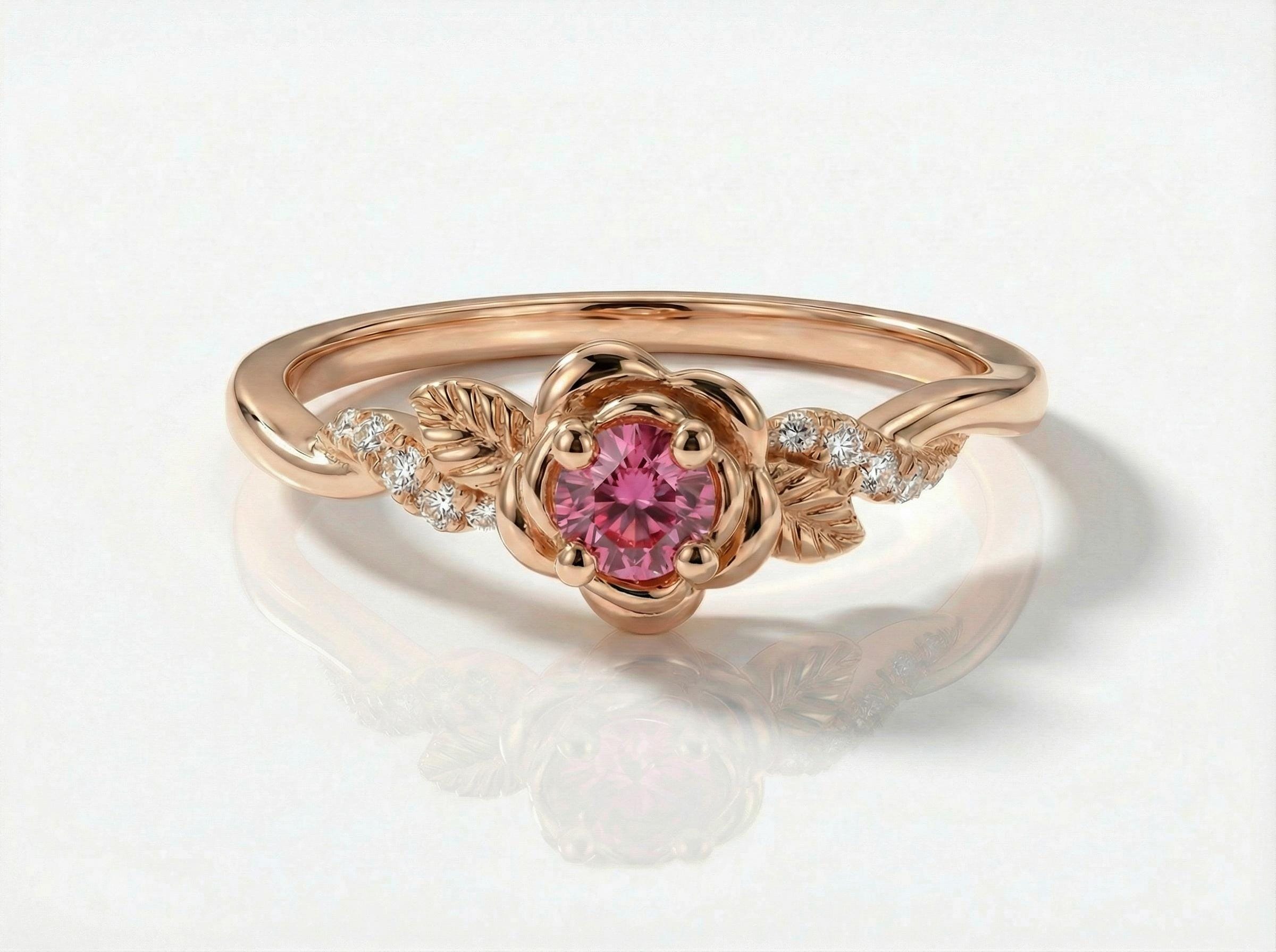Flower Pink Tourmaline Engagement Ring, Floral Twist Promise Ring for Women, Nature Inspired Leaf Wedding Ring, October Birthstone