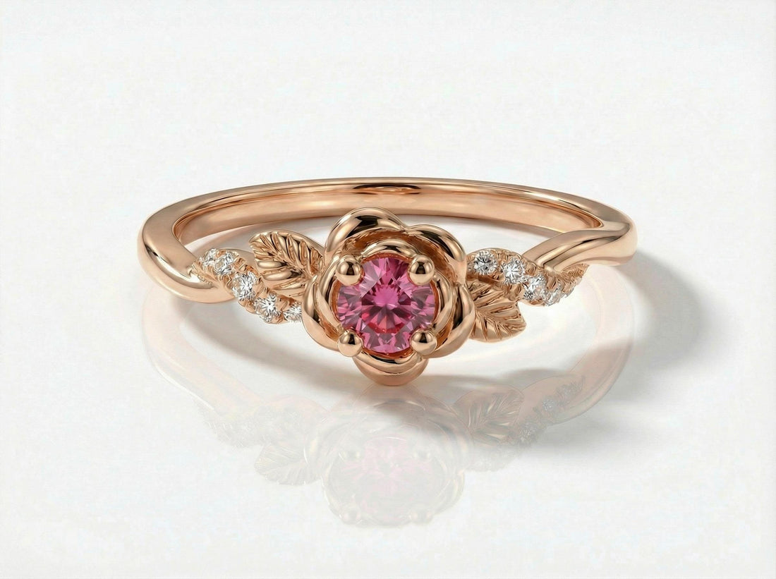 Flower Pink Tourmaline Engagement Ring, Floral Twist Promise Ring for Women, Nature Inspired Leaf Wedding Ring, October Birthstone