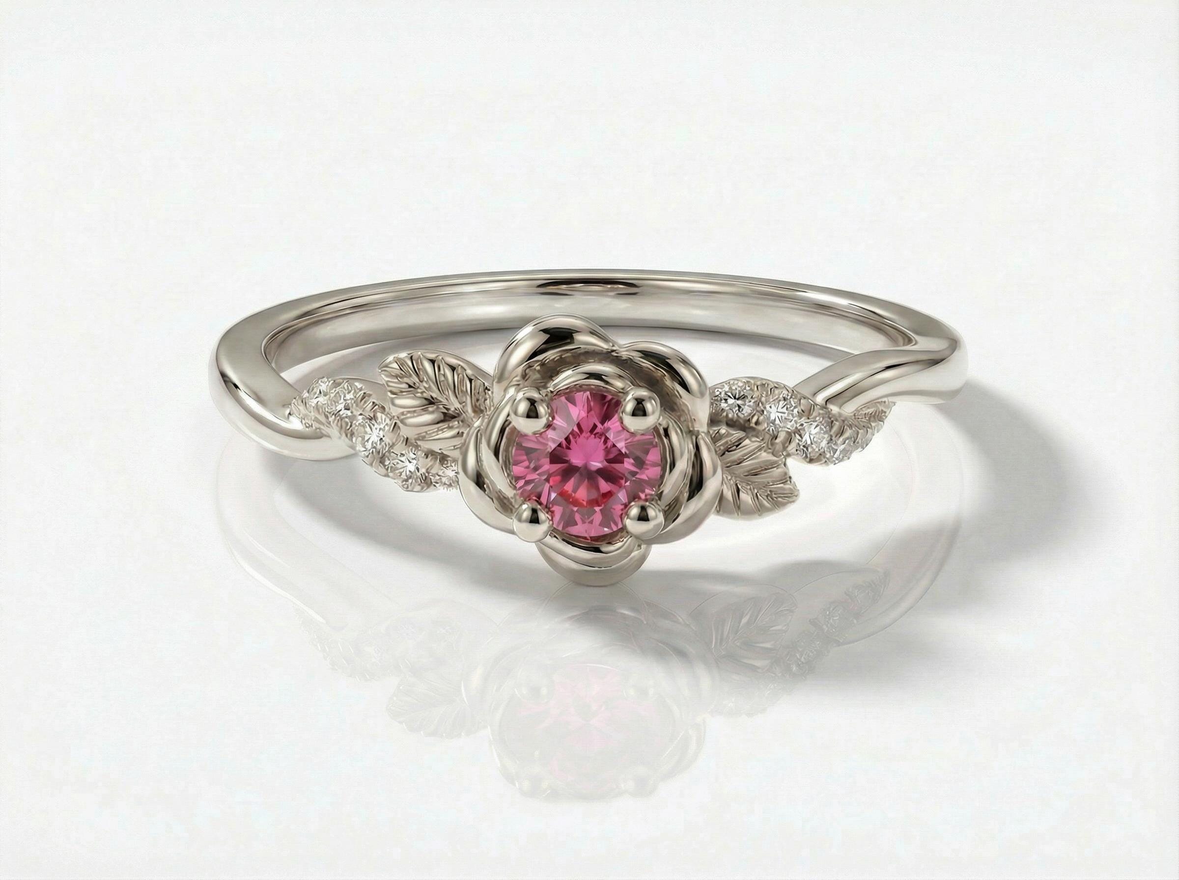 Flower Pink Tourmaline Engagement Ring, Floral Twist Promise Ring for Women, Nature Inspired Leaf Wedding Ring, October Birthstone