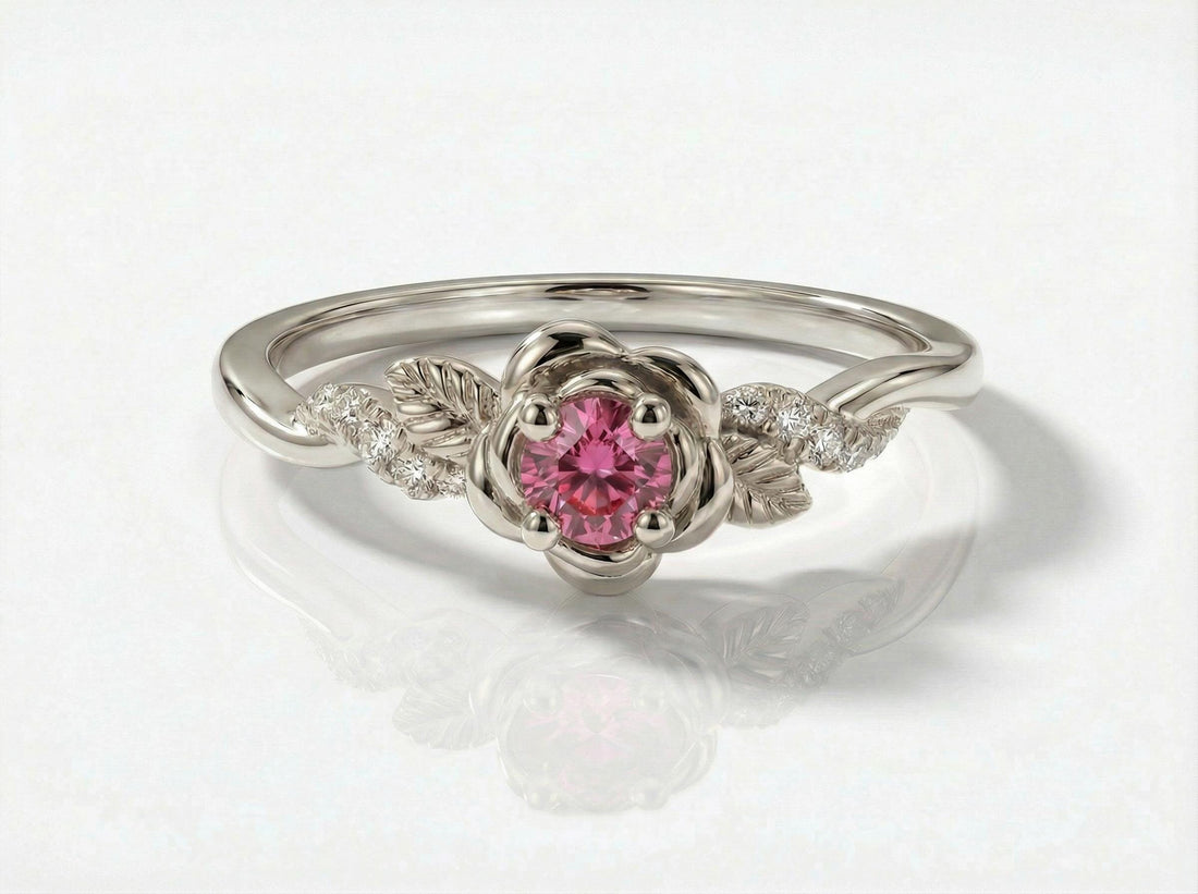 Flower Pink Tourmaline Engagement Ring, Floral Twist Promise Ring for Women, Nature Inspired Leaf Wedding Ring, October Birthstone