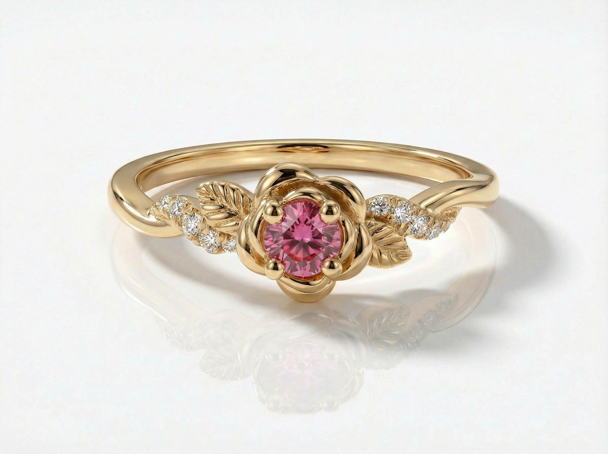 Flower Pink Tourmaline Engagement Ring, Floral Twist Promise Ring for Women, Nature Inspired Leaf Wedding Ring, October Birthstone