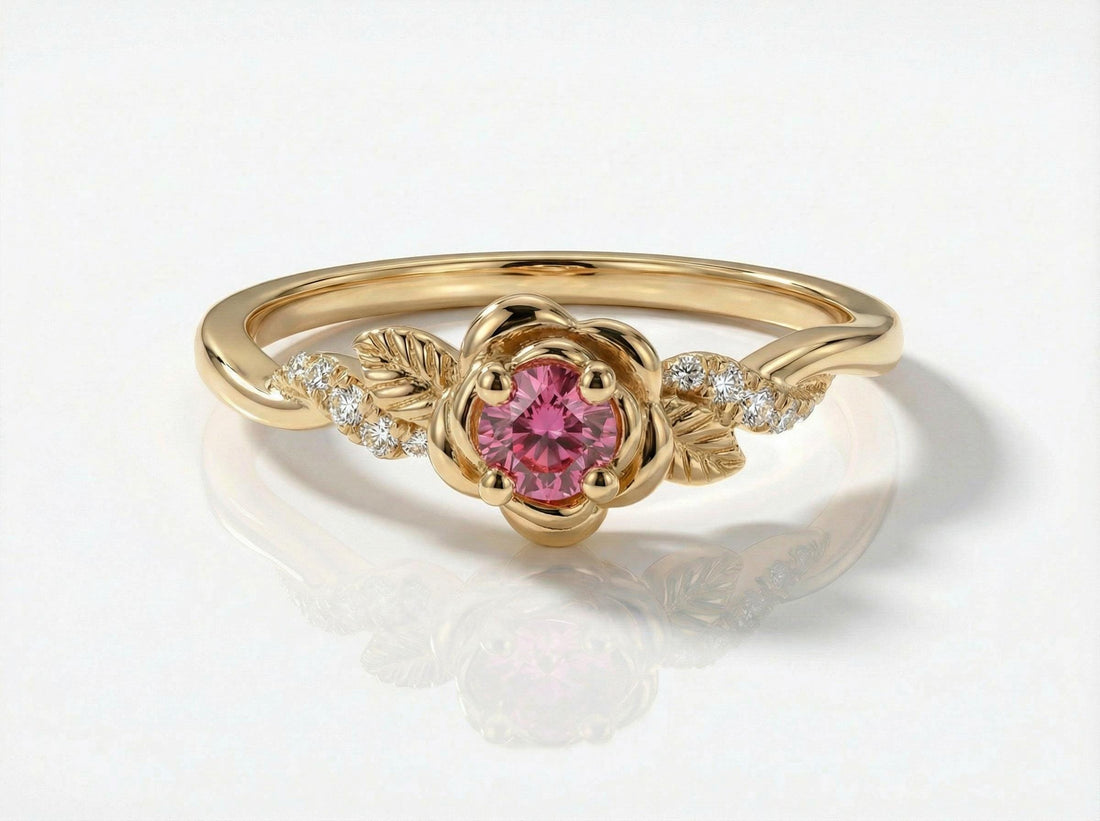 Flower Pink Tourmaline Engagement Ring, Floral Twist Promise Ring for Women, Nature Inspired Leaf Wedding Ring, October Birthstone