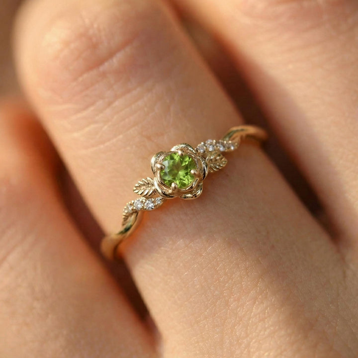 Flower Peridot Engagement Ring, Floral Twist Promise Ring for Women, Nature Inspired Leaf Wedding Ring, August Birthstone